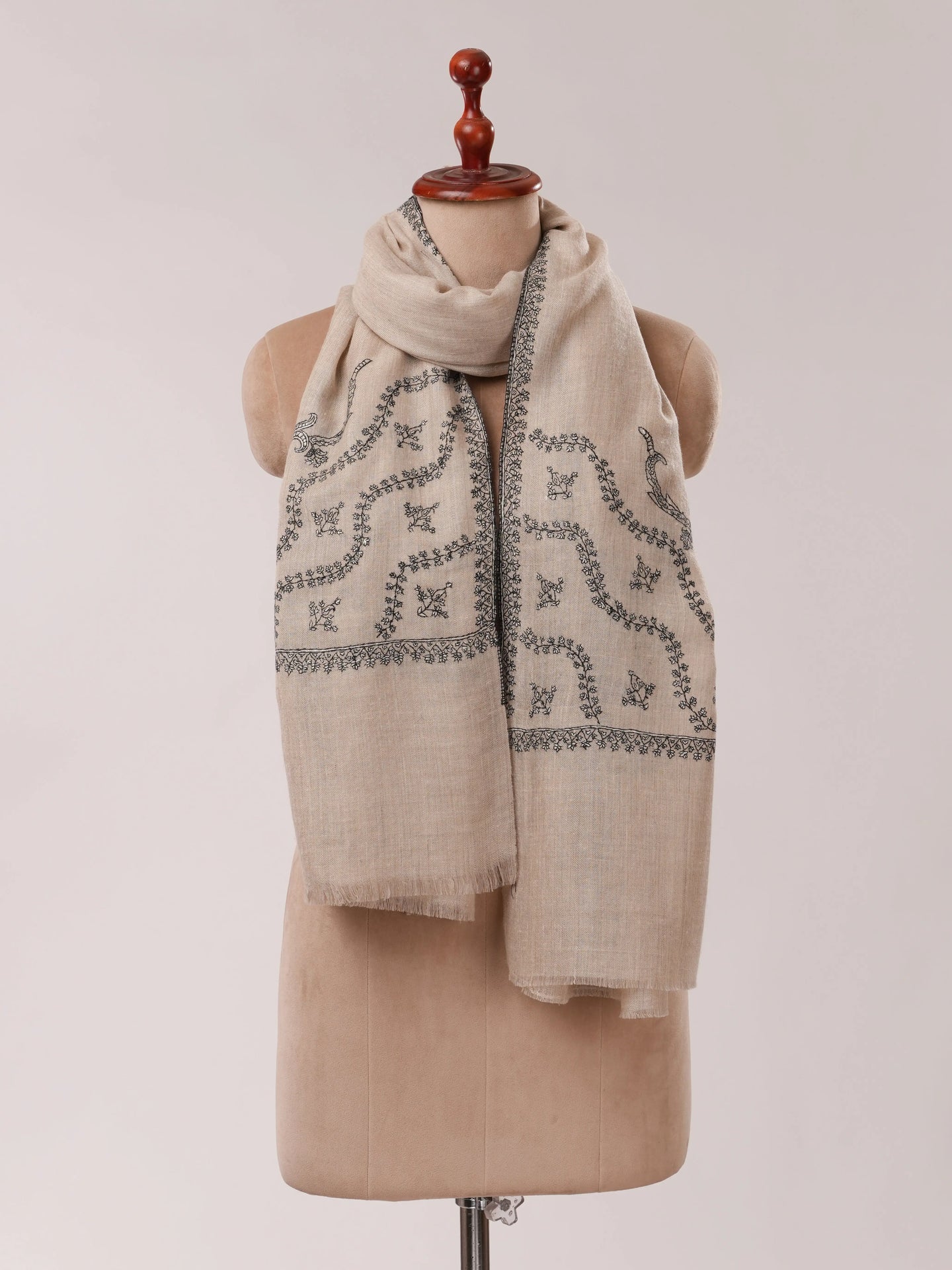 Natural Grey Cashmere Scarf with Palla Hand Embroidery Shahkaar.com
