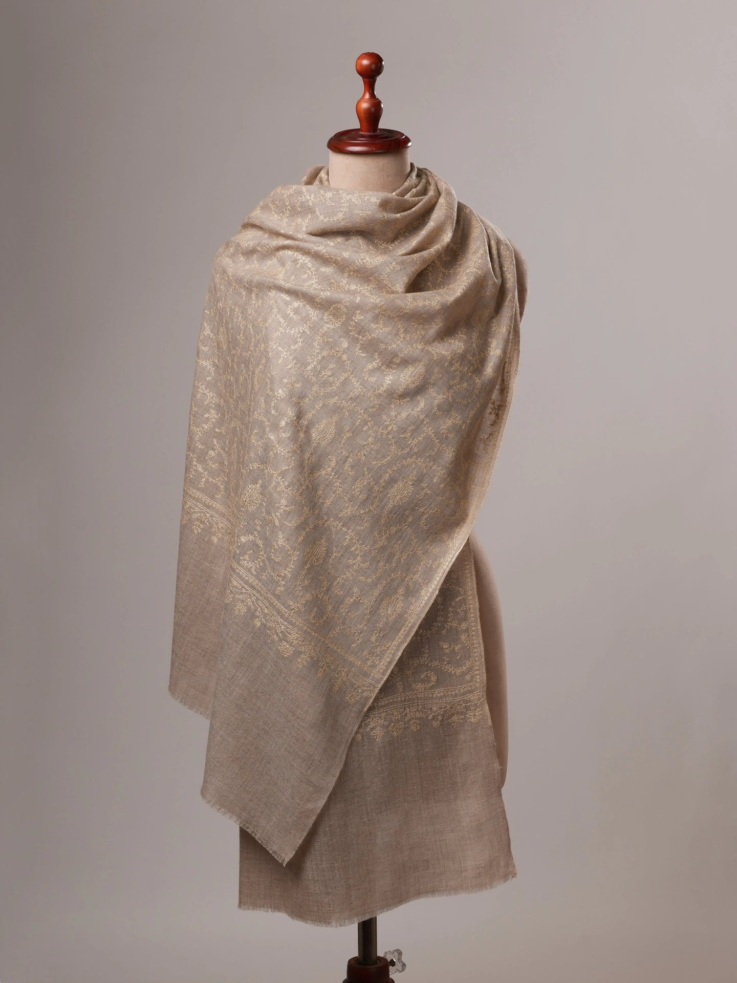 Natural Grey Cashmere Scarf with All-Over Beige Sozni Embroidery Shahkaar