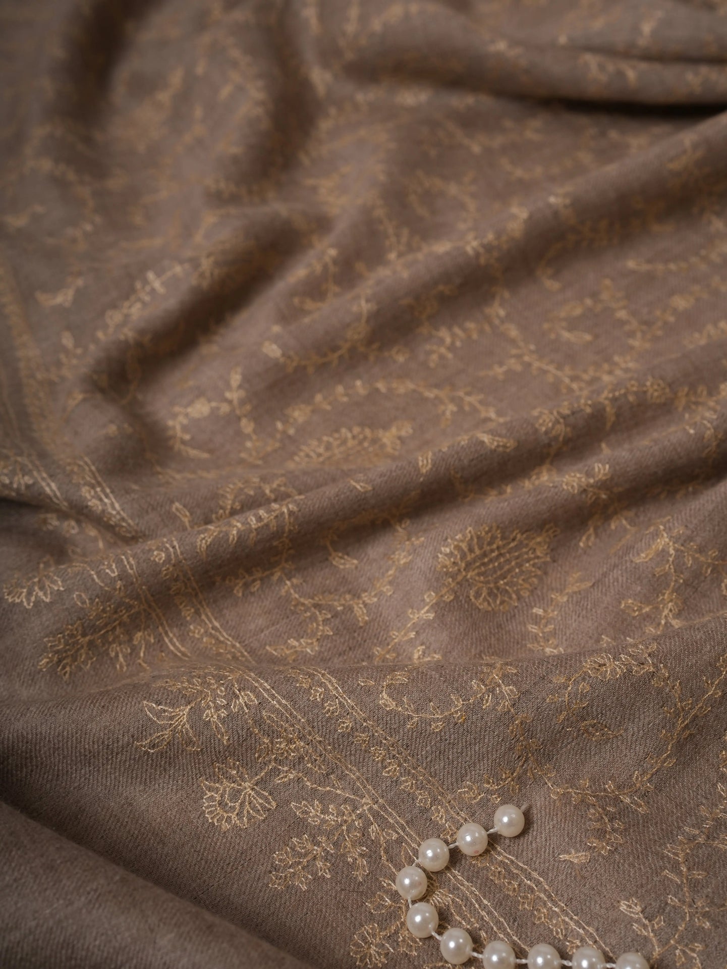 Natural Grey Cashmere Scarf with All-Over Beige Sozni Embroidery Shahkaar