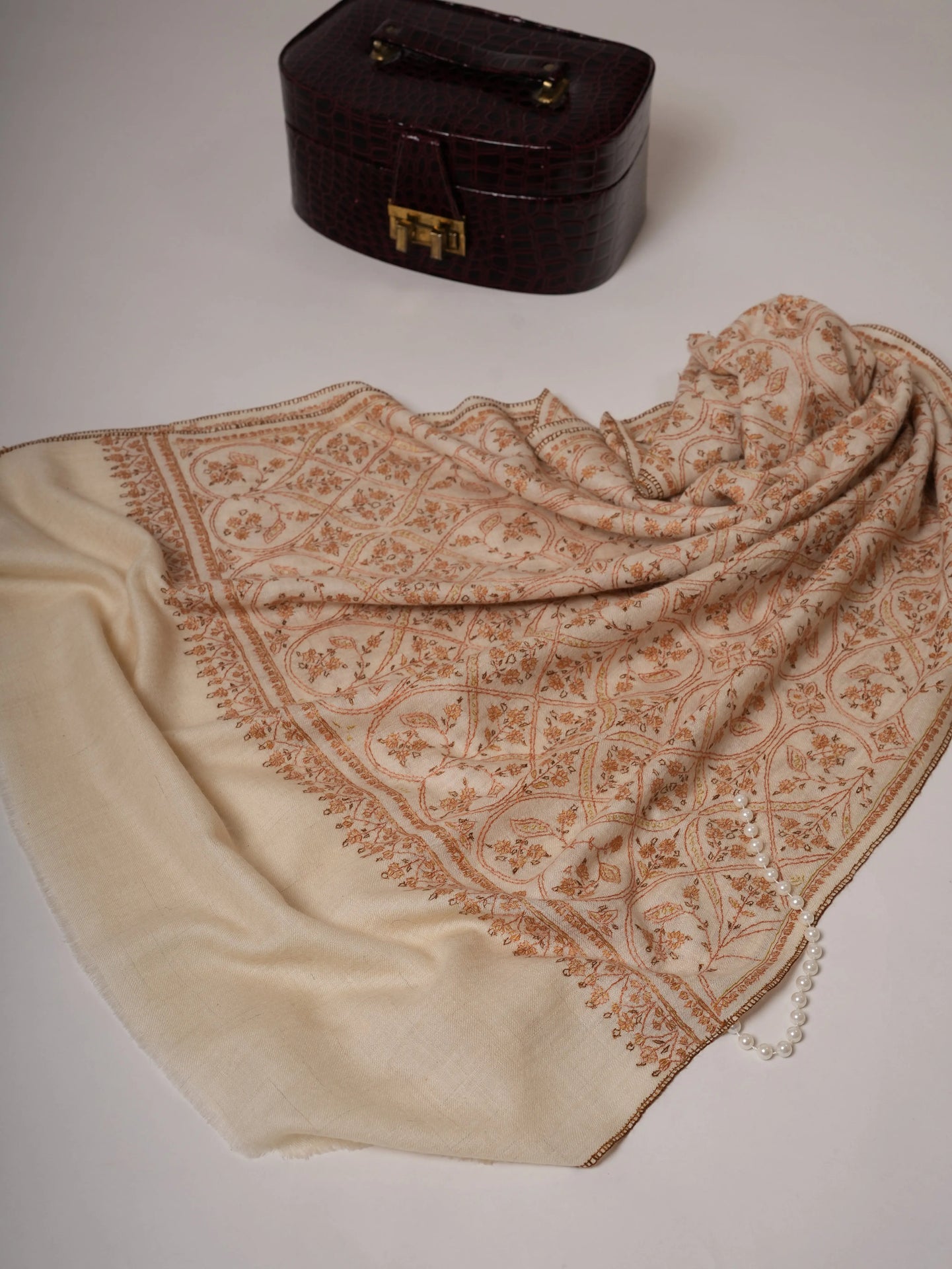Natural White Handloomed Cashmere Scarf with Hand Embroidery Shahkaar