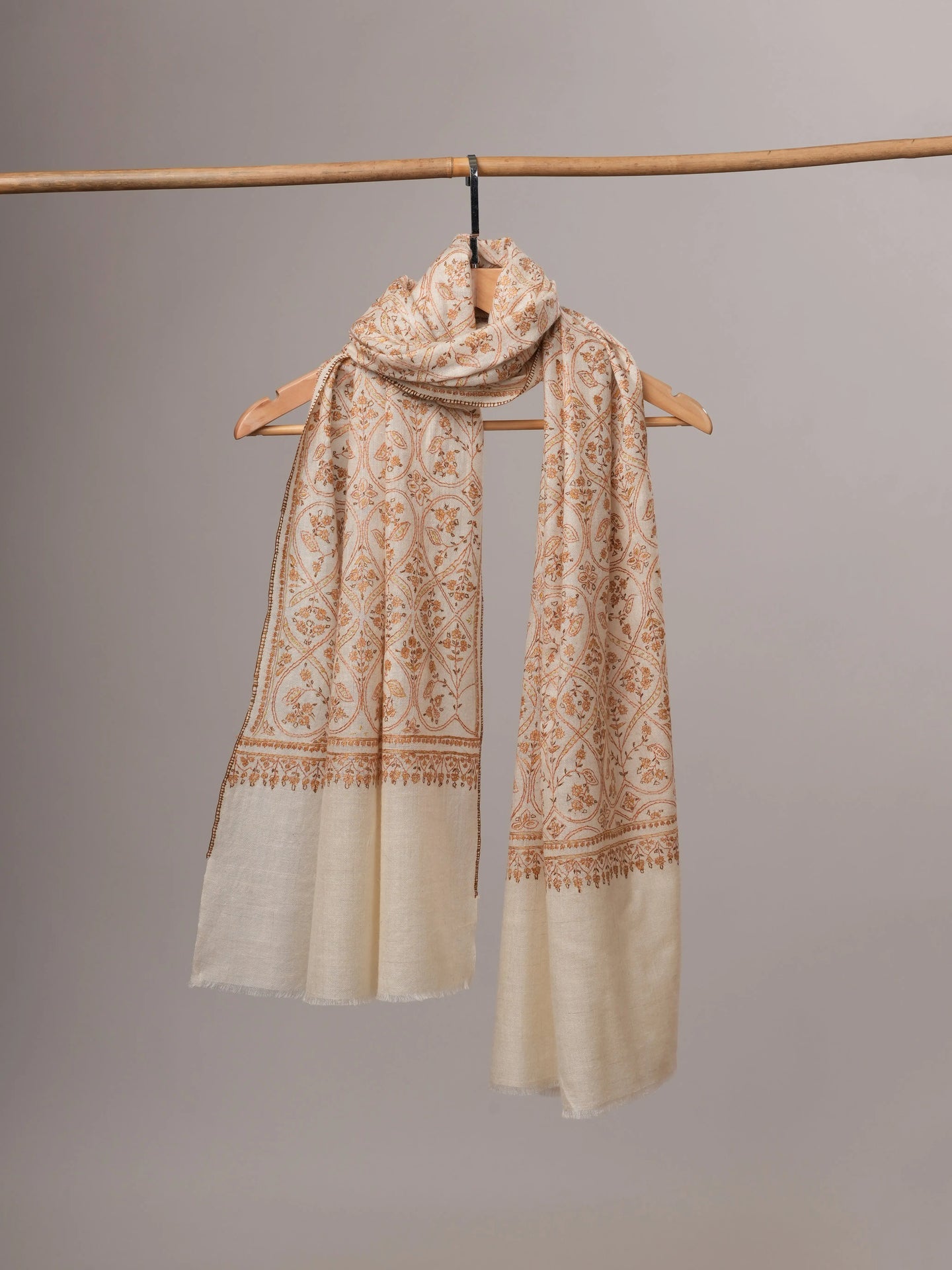 Natural White Handloomed Cashmere Scarf with Hand Embroidery Shahkaar