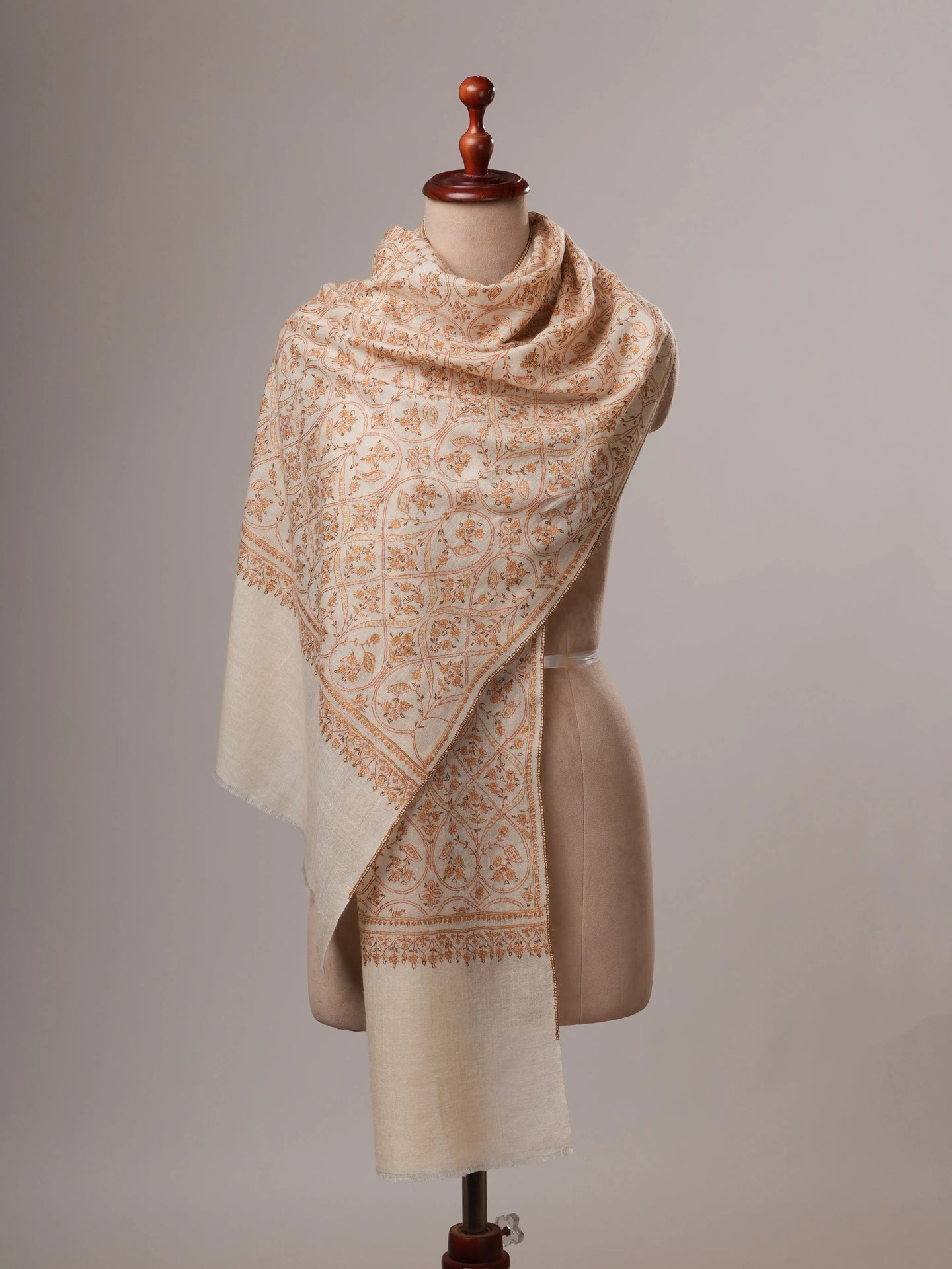 Natural White Handloomed Cashmere Scarf with Hand Embroidery Shahkaar