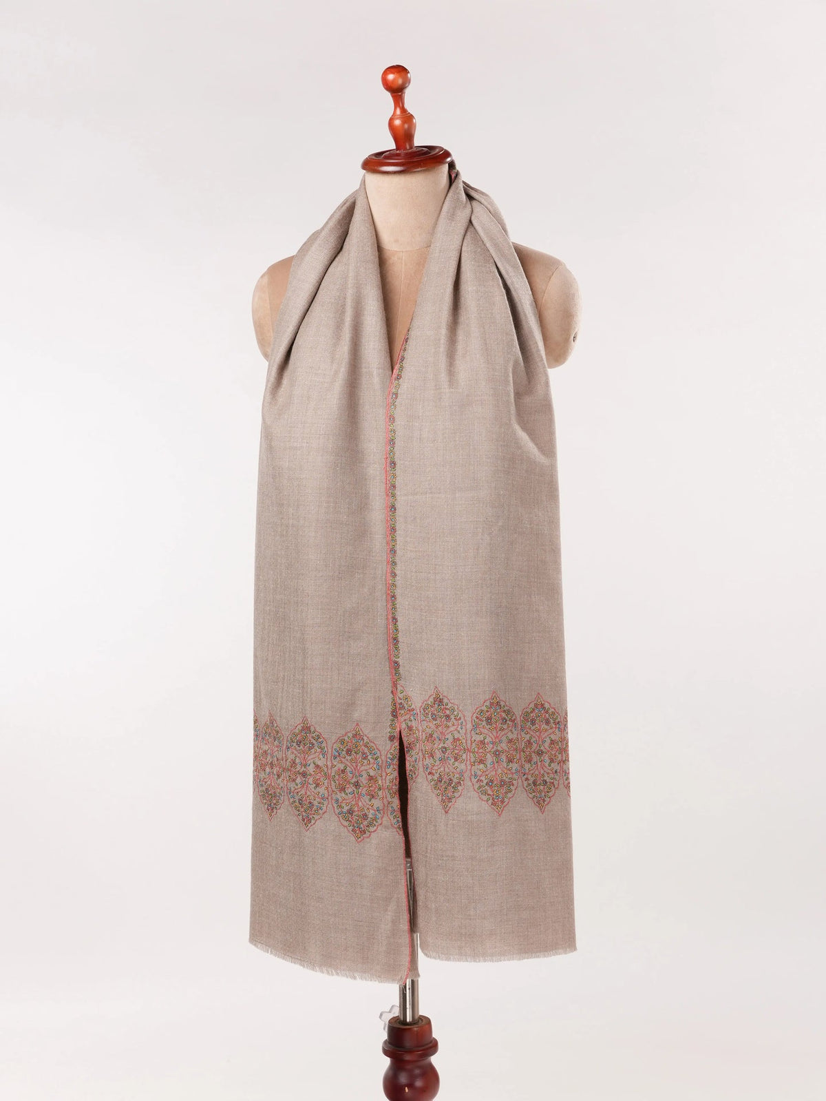 Natural Taupe Kashmiri Pashmina Shawl with Traditional Palldar Embroidery Shahkaar.com