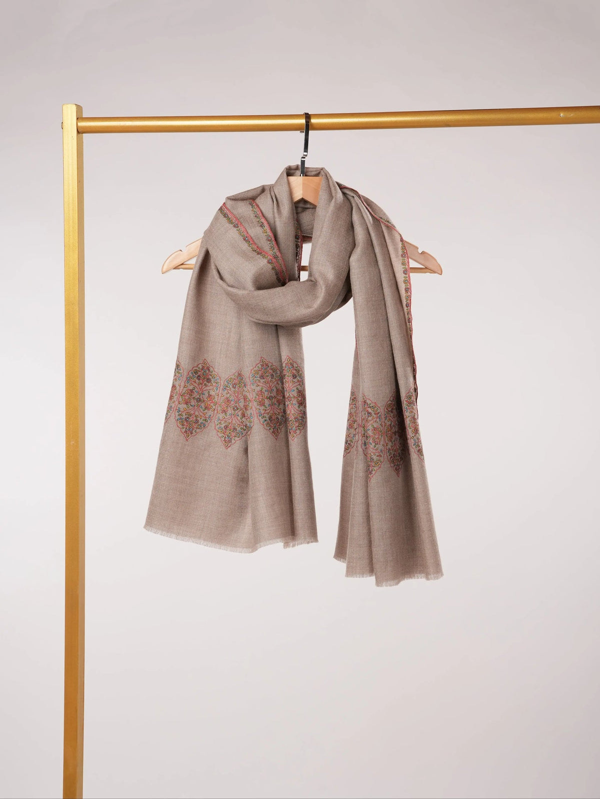 Natural Taupe Kashmiri Pashmina Shawl with Traditional Palldar Embroidery Shahkaar.com