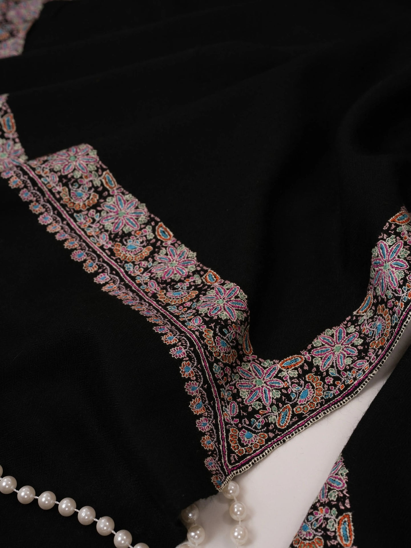 Black Sozni Neemdaur Embroidered Pure Pashmina Shawl Shahkaar.com