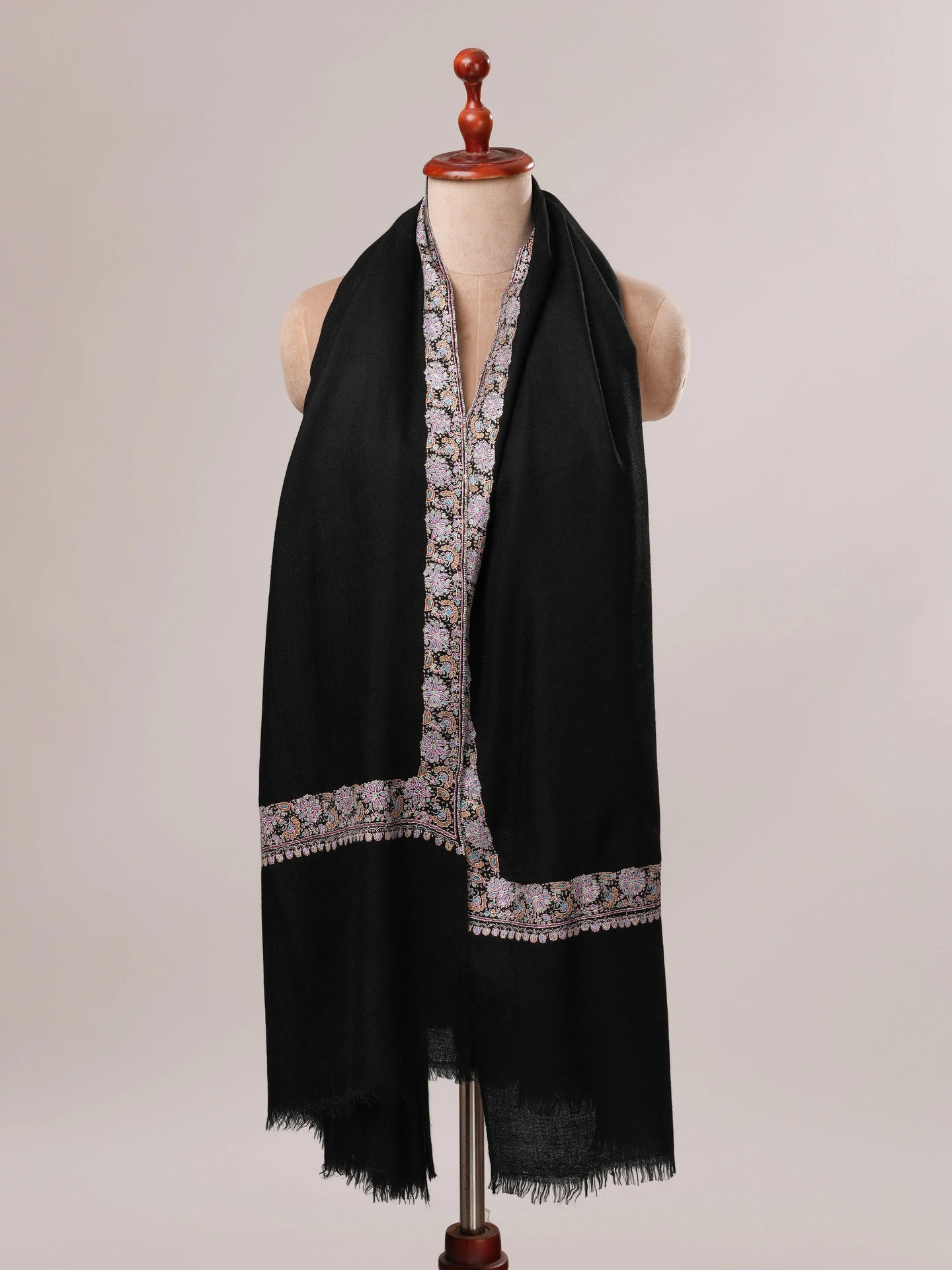 Black Sozni Neemdaur Embroidered Pure Pashmina Shawl Shahkaar.com