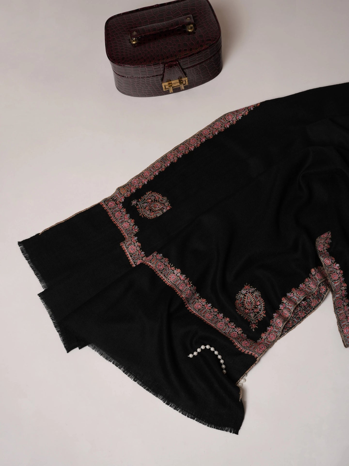 Black Authentic Pashmina Shawl with Border Sozni Hand Embroidery Shahkaar.com