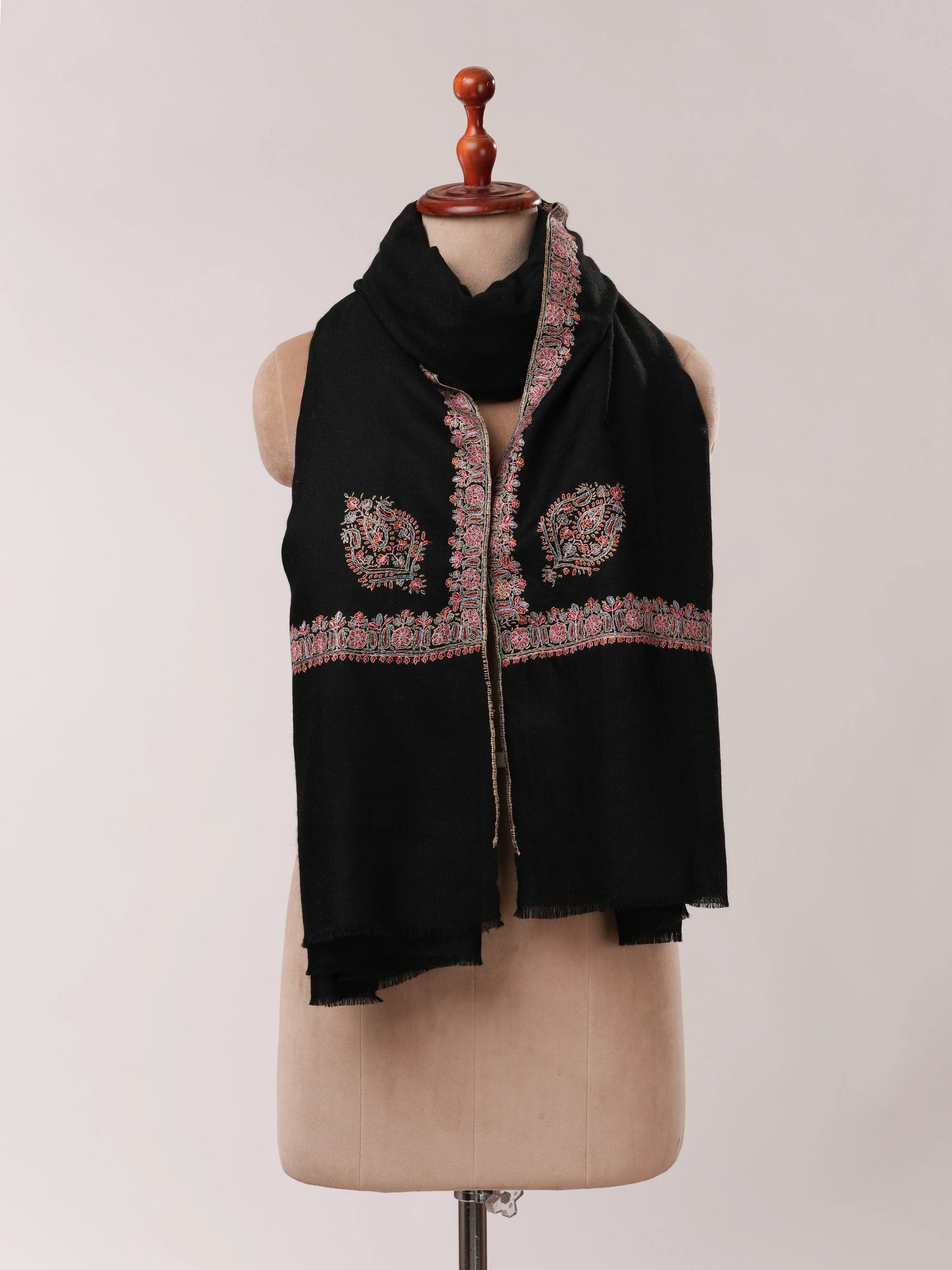 Black Authentic Pashmina Shawl with Border Sozni Hand Embroidery Shahkaar.com