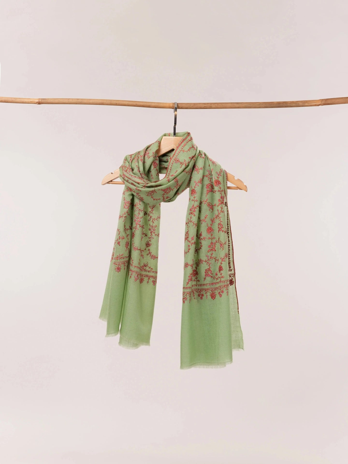 Sage Green Hand Embroidered Soft Cashmere Scarf Shahkaar.com