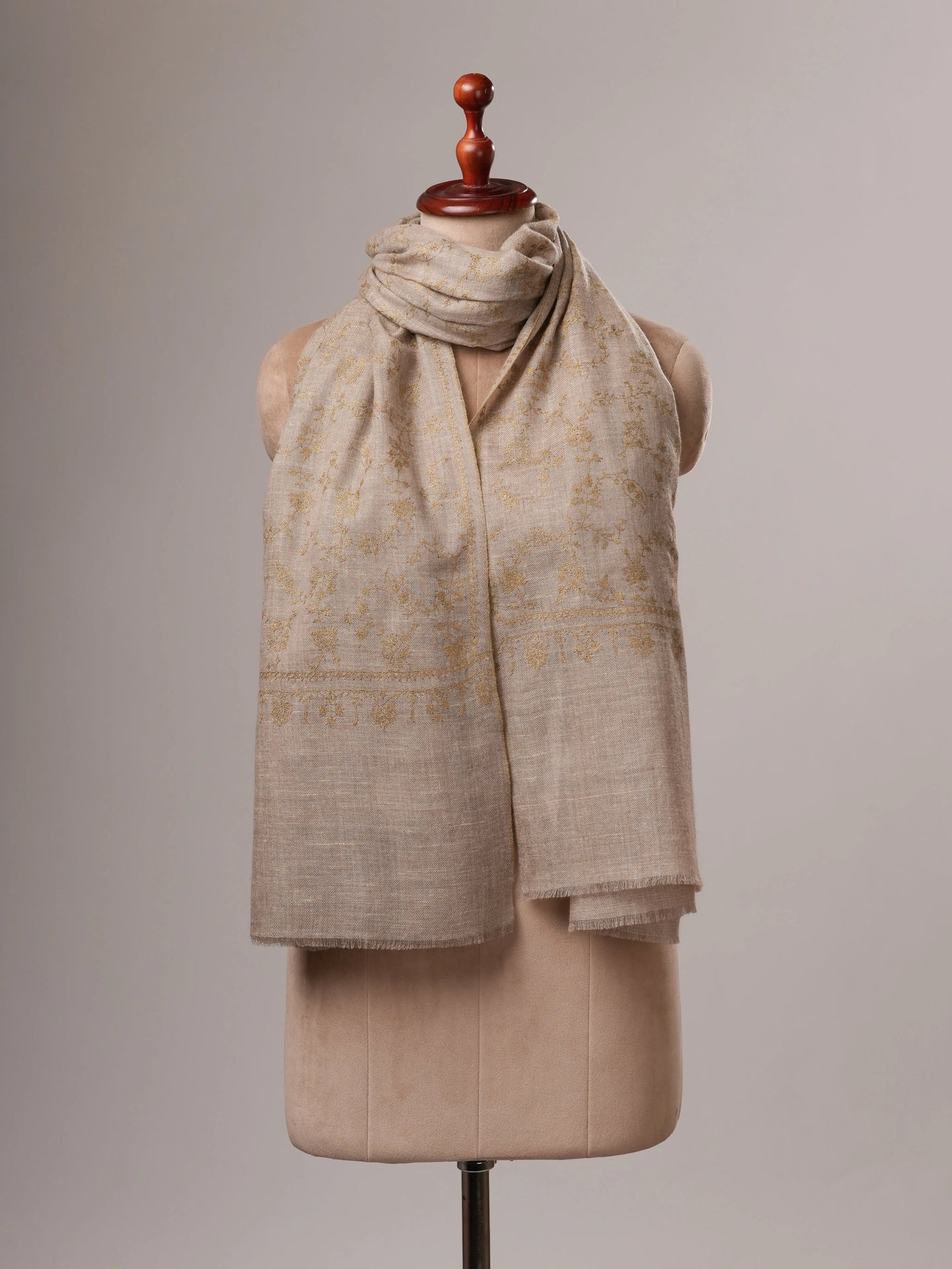 Natural Grey Handloomed Cashmere Scarf with Sozni Embroidery Shahkaar