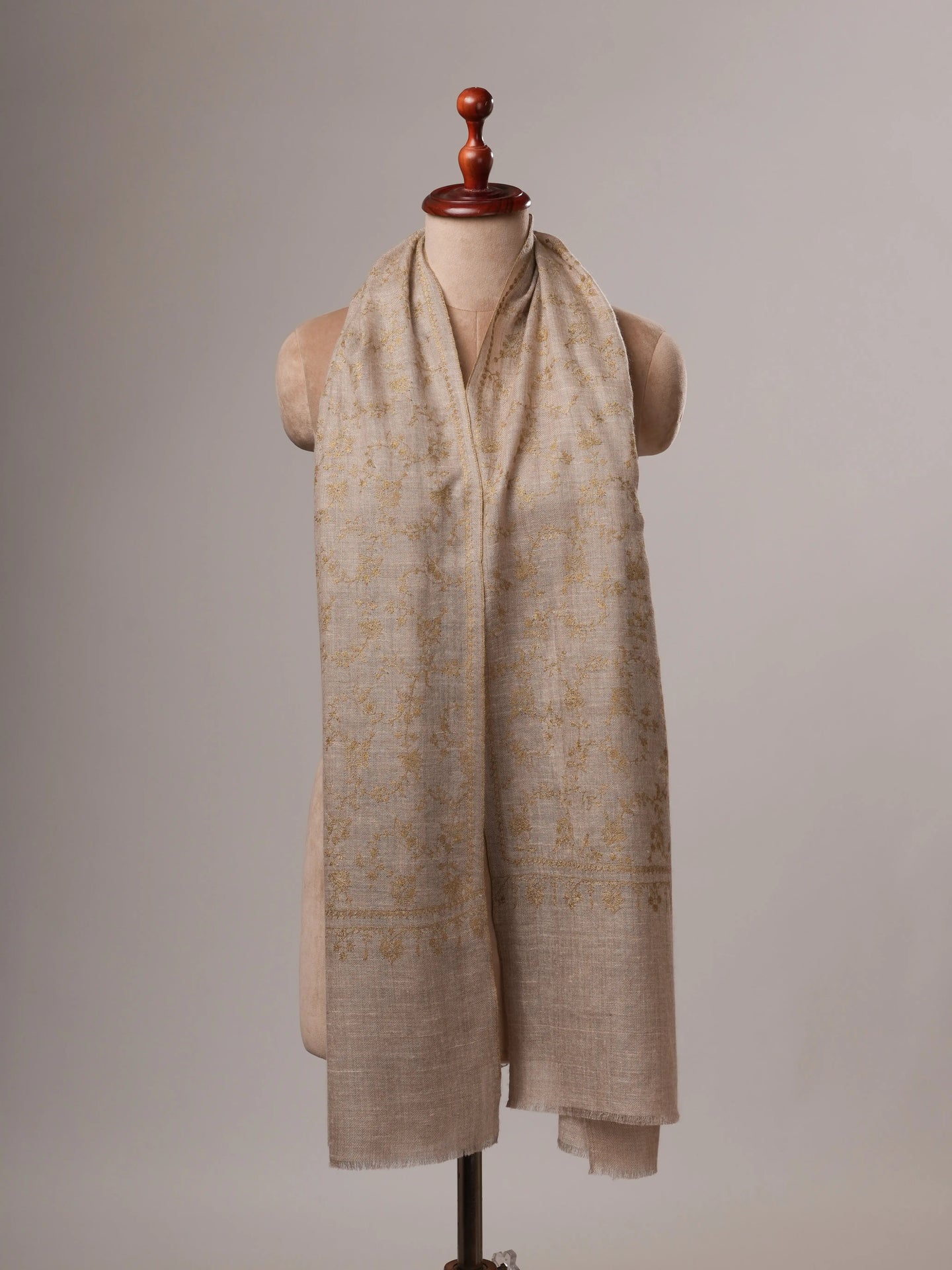 Natural Grey Handloomed Cashmere Scarf with Sozni Embroidery Shahkaar