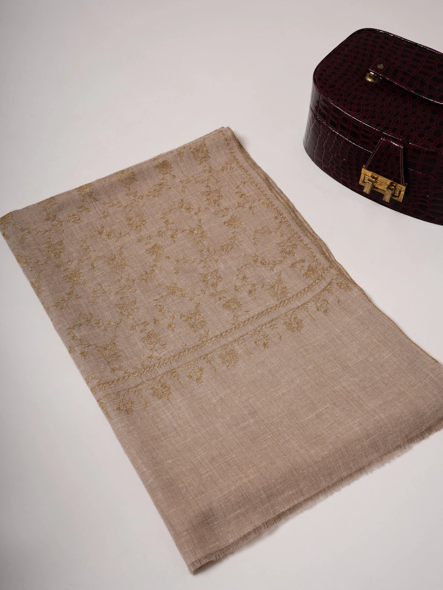 Natural Grey Handloomed Cashmere Scarf with Sozni Embroidery Shahkaar