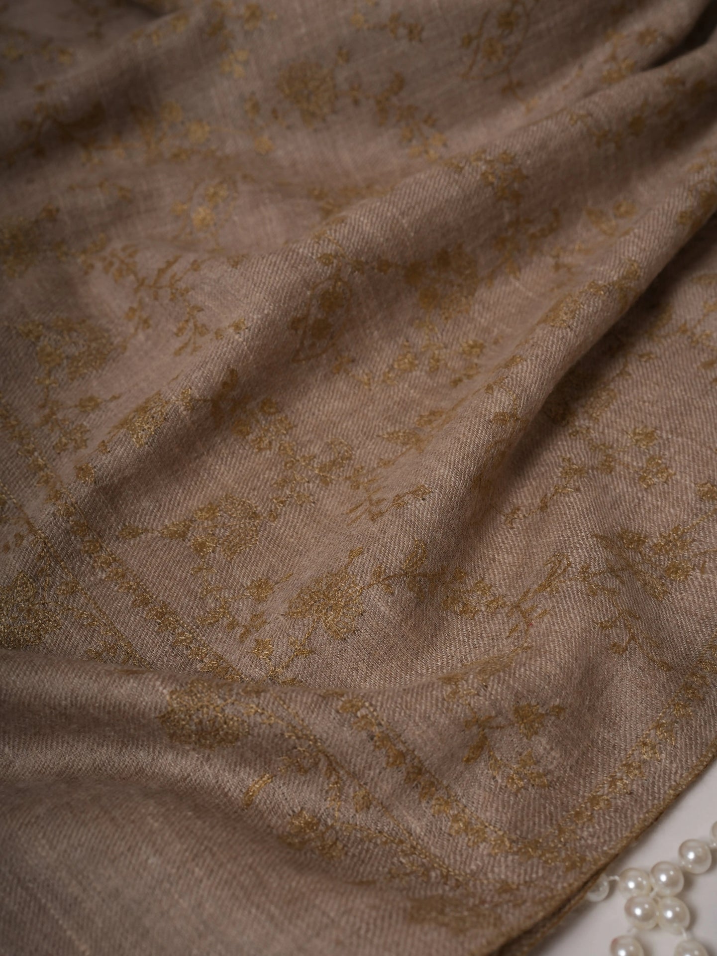 Natural Grey Handloomed Cashmere Scarf with Sozni Embroidery Shahkaar