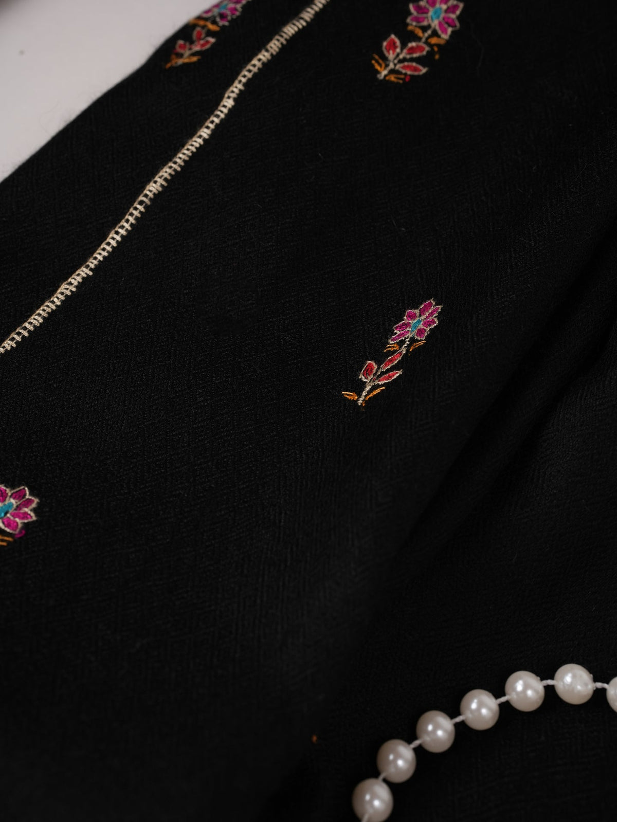Handwoven Black Pashmina Shawl with Hand Sozni Buteh Embroidery