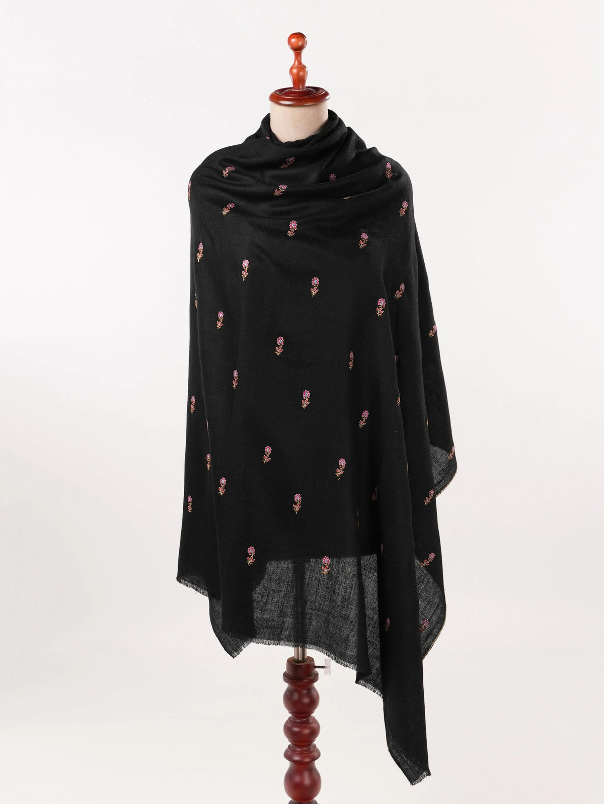 Handwoven Black Pashmina Shawl with Hand Sozni Buteh Embroidery