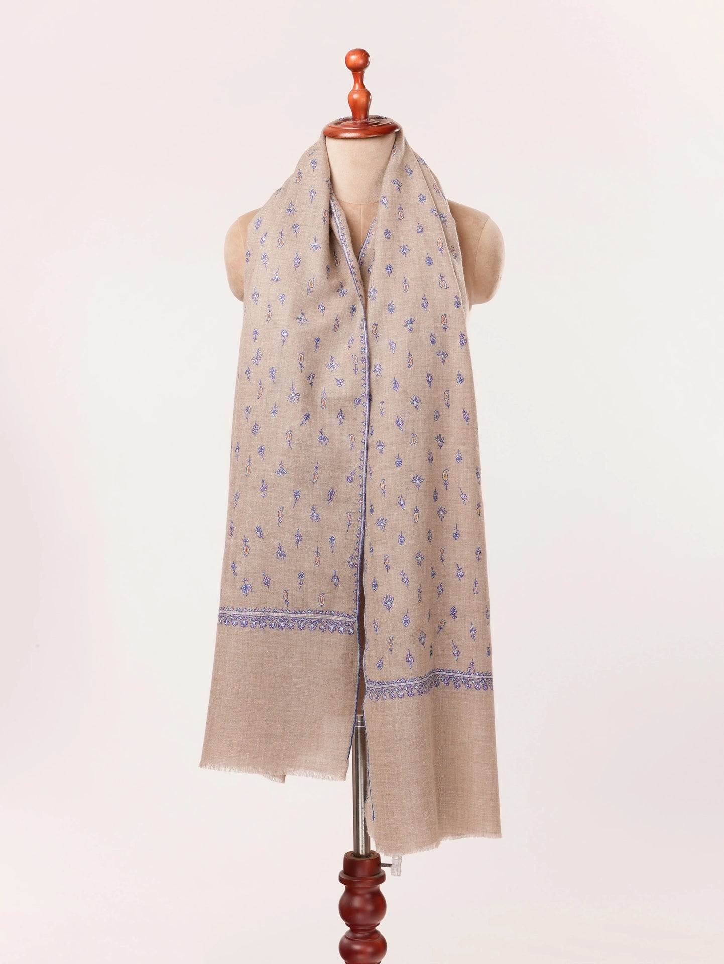 Natural Taupe Handwoven Pashmina Shawl with Kashmiri Hand Sozni Buteh Embroidery Shahkaar.com