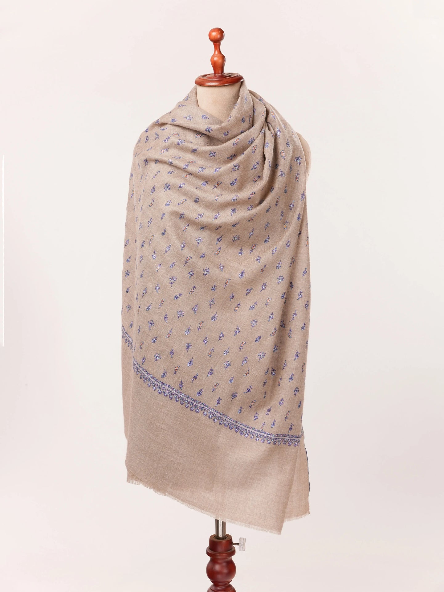 Natural Taupe Handwoven Pashmina Shawl with Kashmiri Hand Sozni Buteh Embroidery Shahkaar.com
