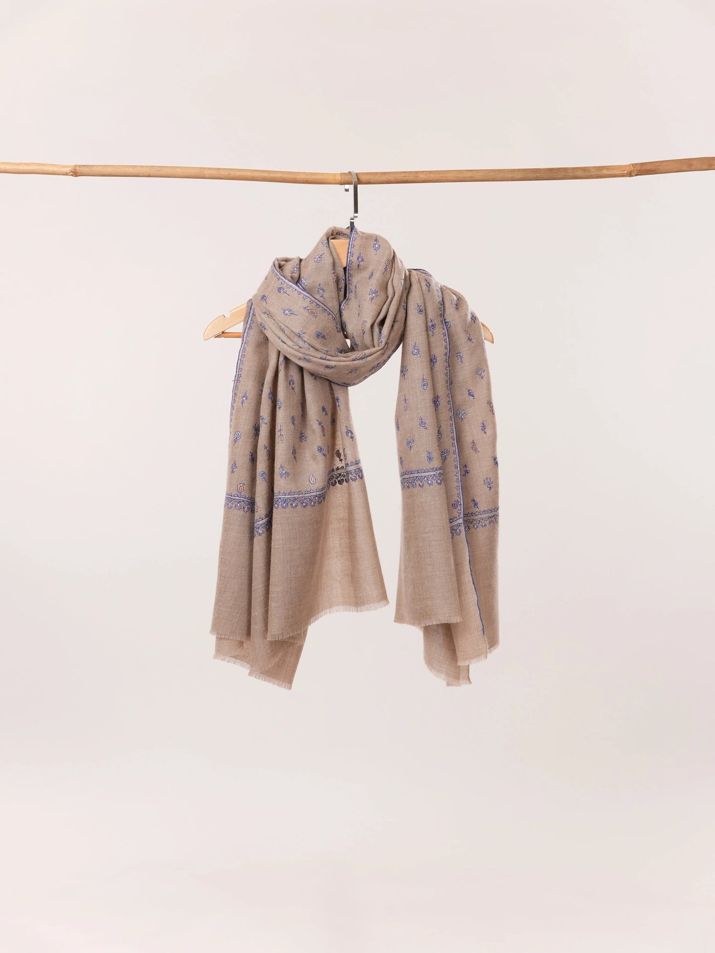 Natural Taupe Handwoven Pashmina Shawl with Kashmiri Hand Sozni Buteh Embroidery Shahkaar.com
