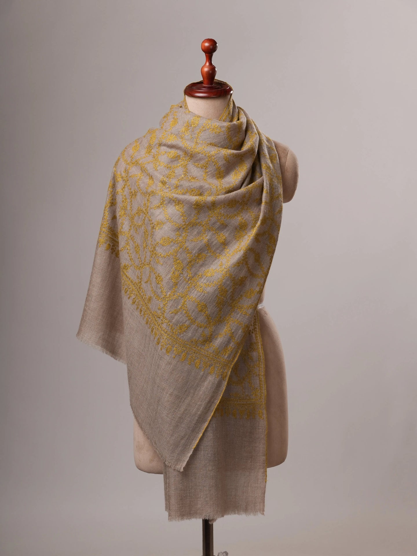Natural Grey Cashmere Scarf with All-Over Olive Sozni Embroidery Shahkaar