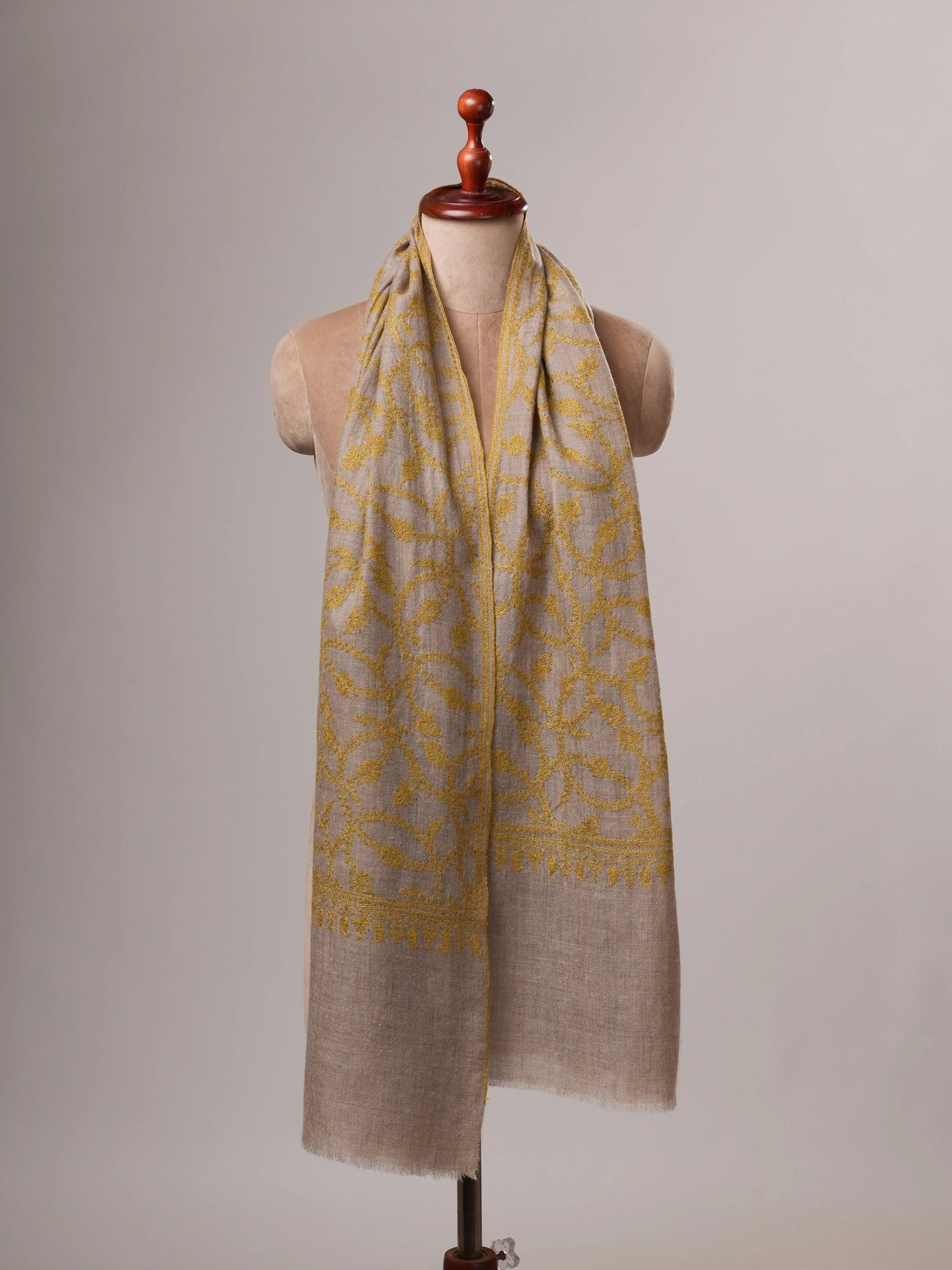 Natural Grey Cashmere Scarf with All-Over Olive Sozni Embroidery Shahkaar