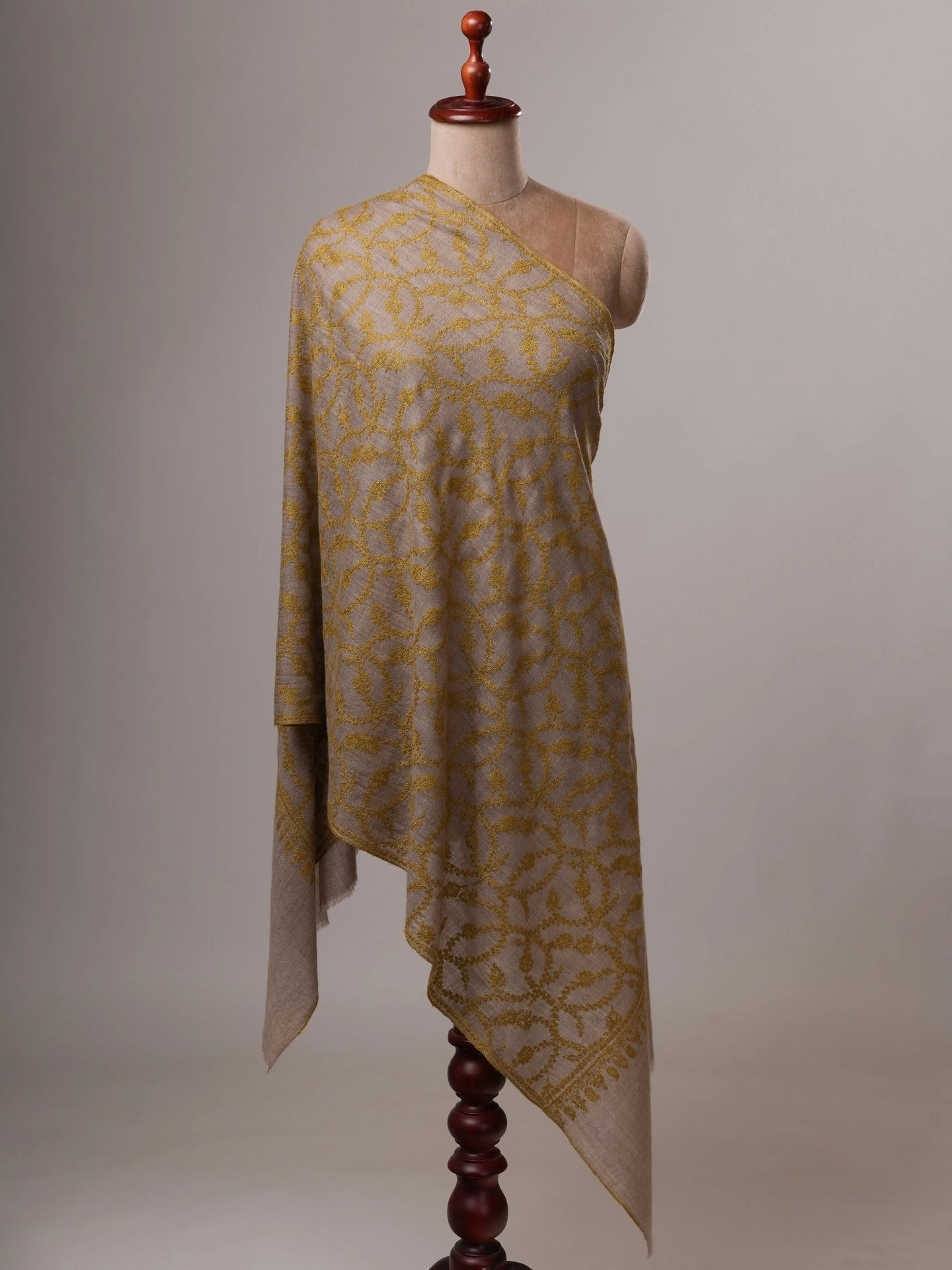 Natural Grey Cashmere Scarf with All-Over Olive Sozni Embroidery Shahkaar