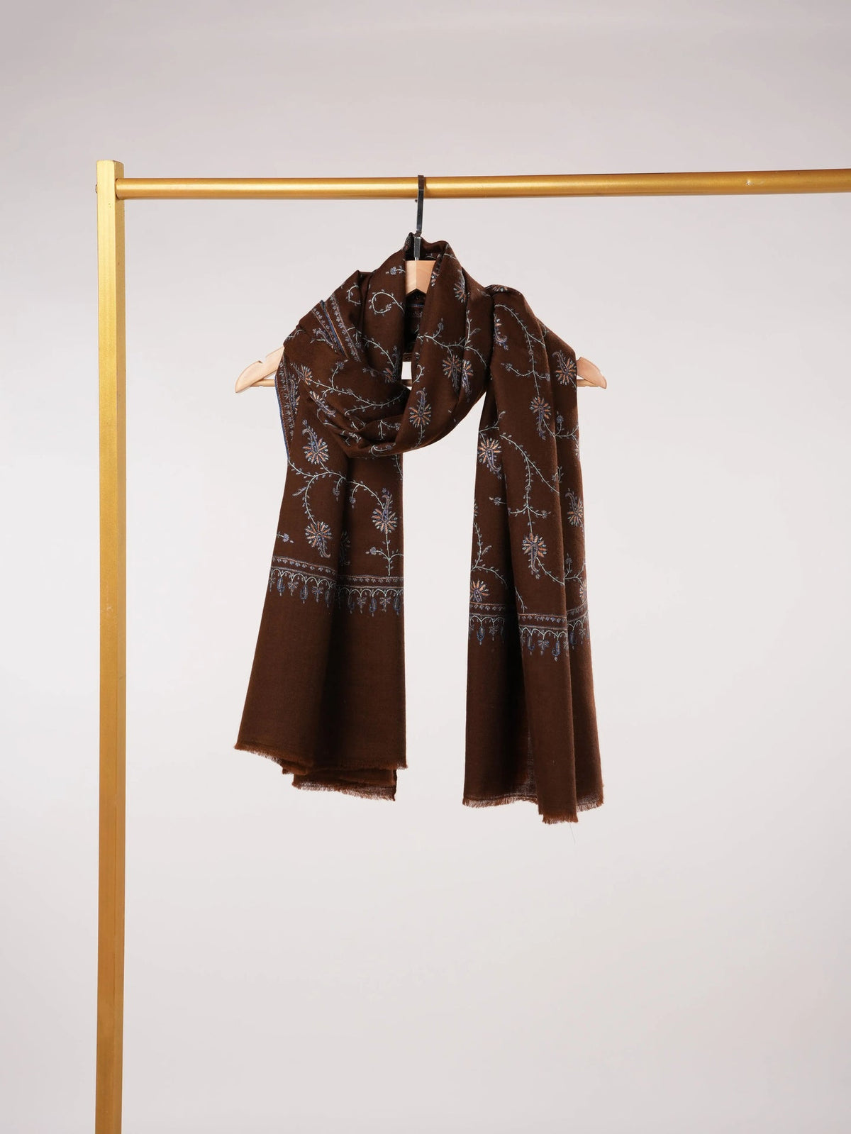 Chocolate Brown Shawl in Handwoven Soft Pashmina with Hand Sozni Jali Embroidery Shahkaar.com