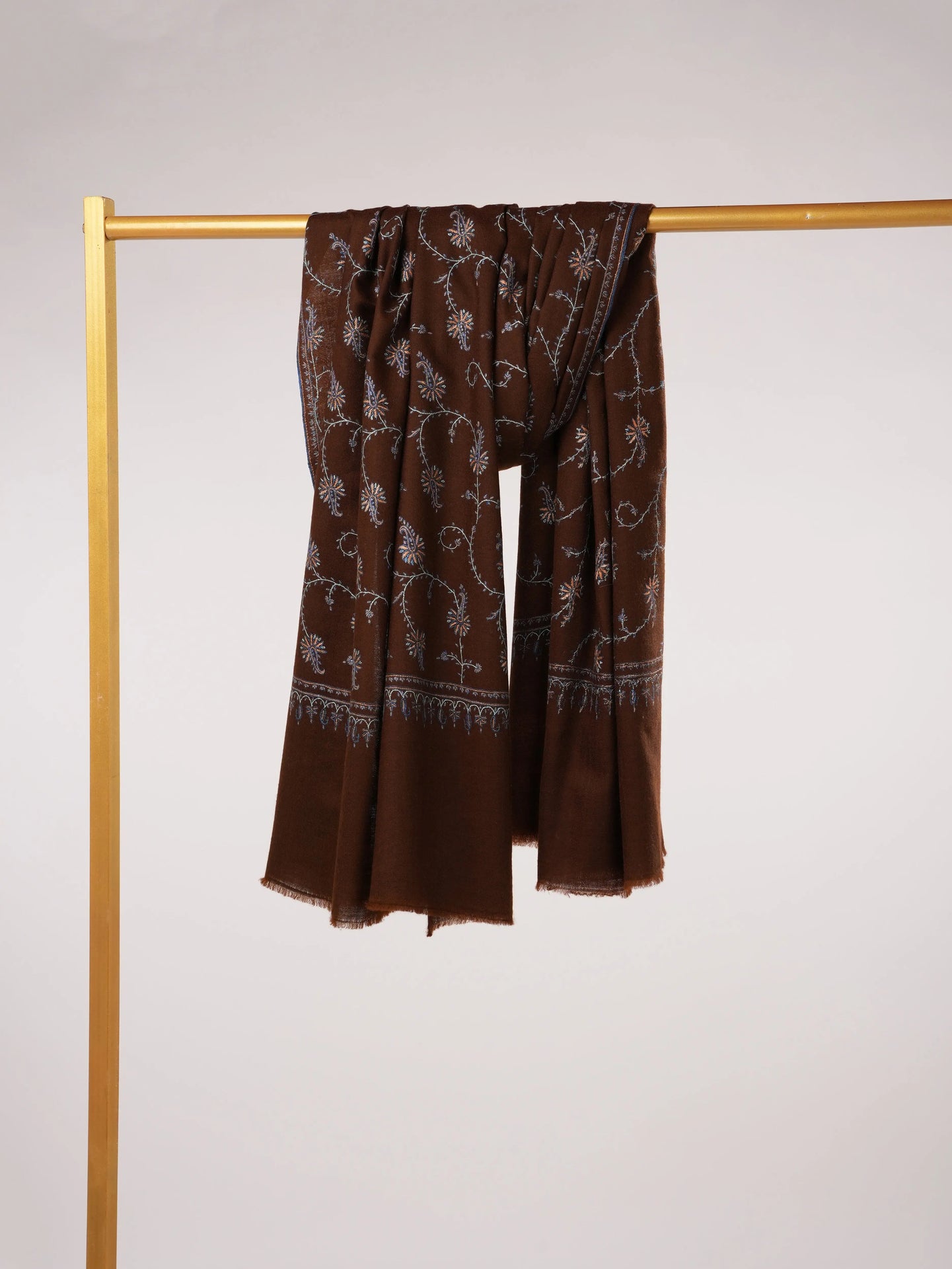 Chocolate Brown Shawl in Handwoven Soft Pashmina with Hand Sozni Jali Embroidery Shahkaar.com
