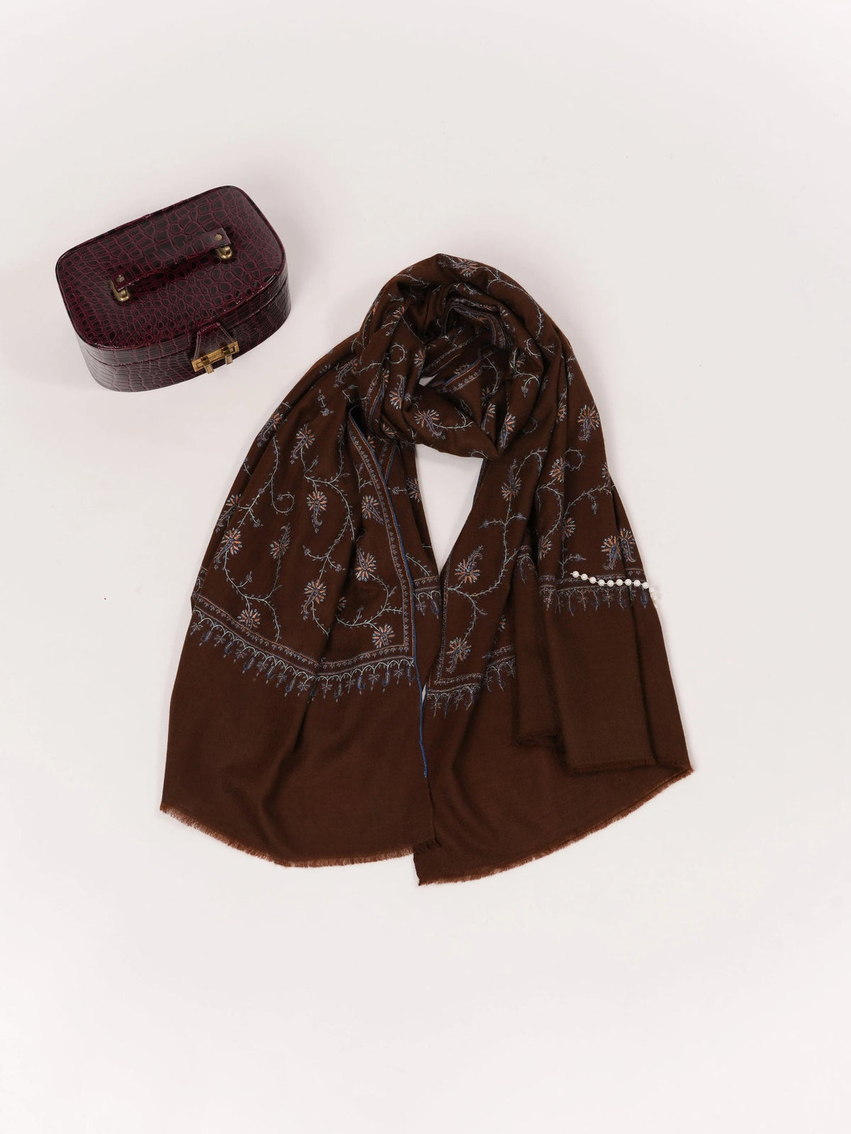 Chocolate Brown Shawl in Handwoven Soft Pashmina with Hand Sozni Jali Embroidery Shahkaar.com