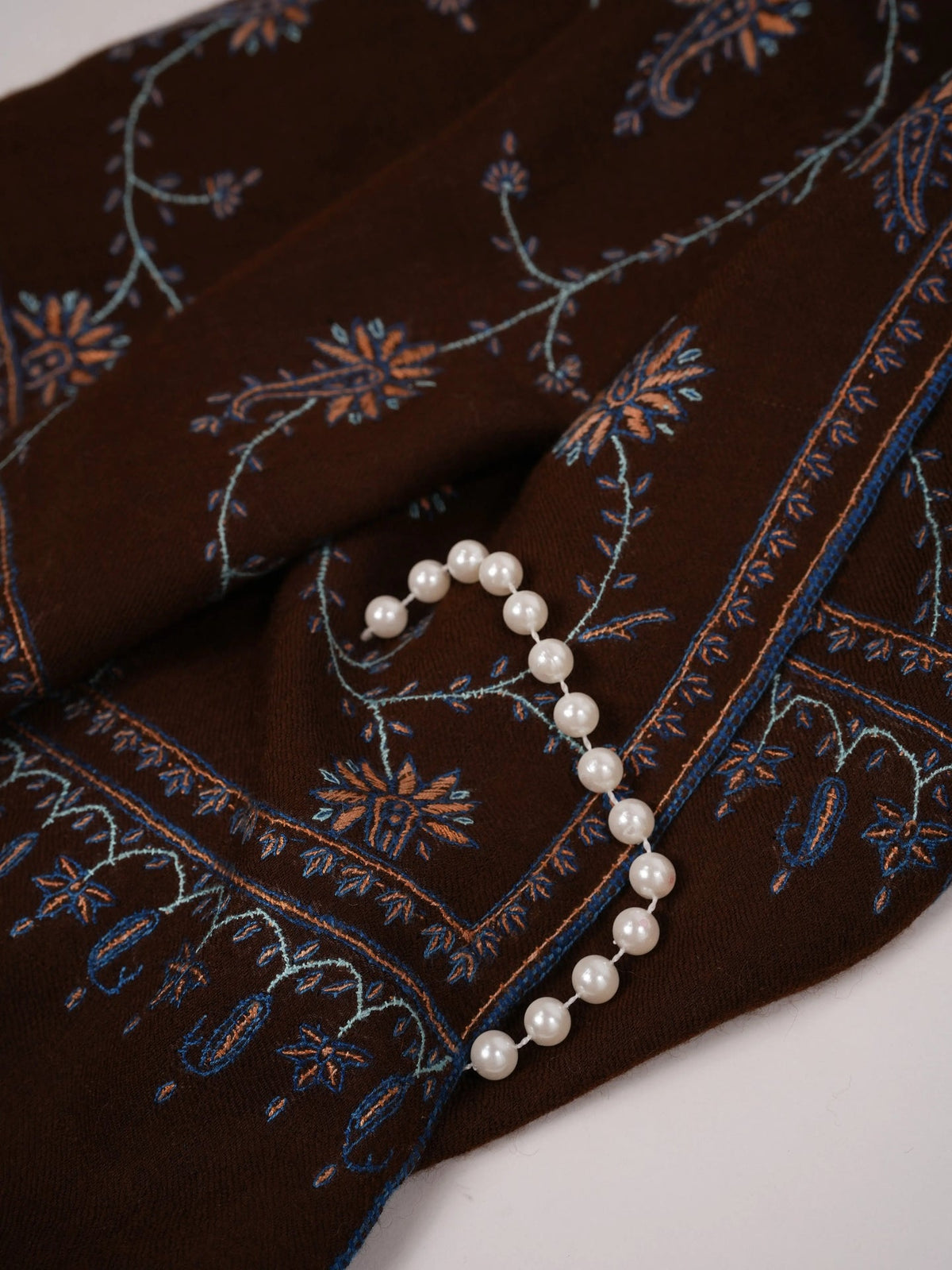 Chocolate Brown Shawl in Handwoven Soft Pashmina with Hand Sozni Jali Embroidery Shahkaar.com