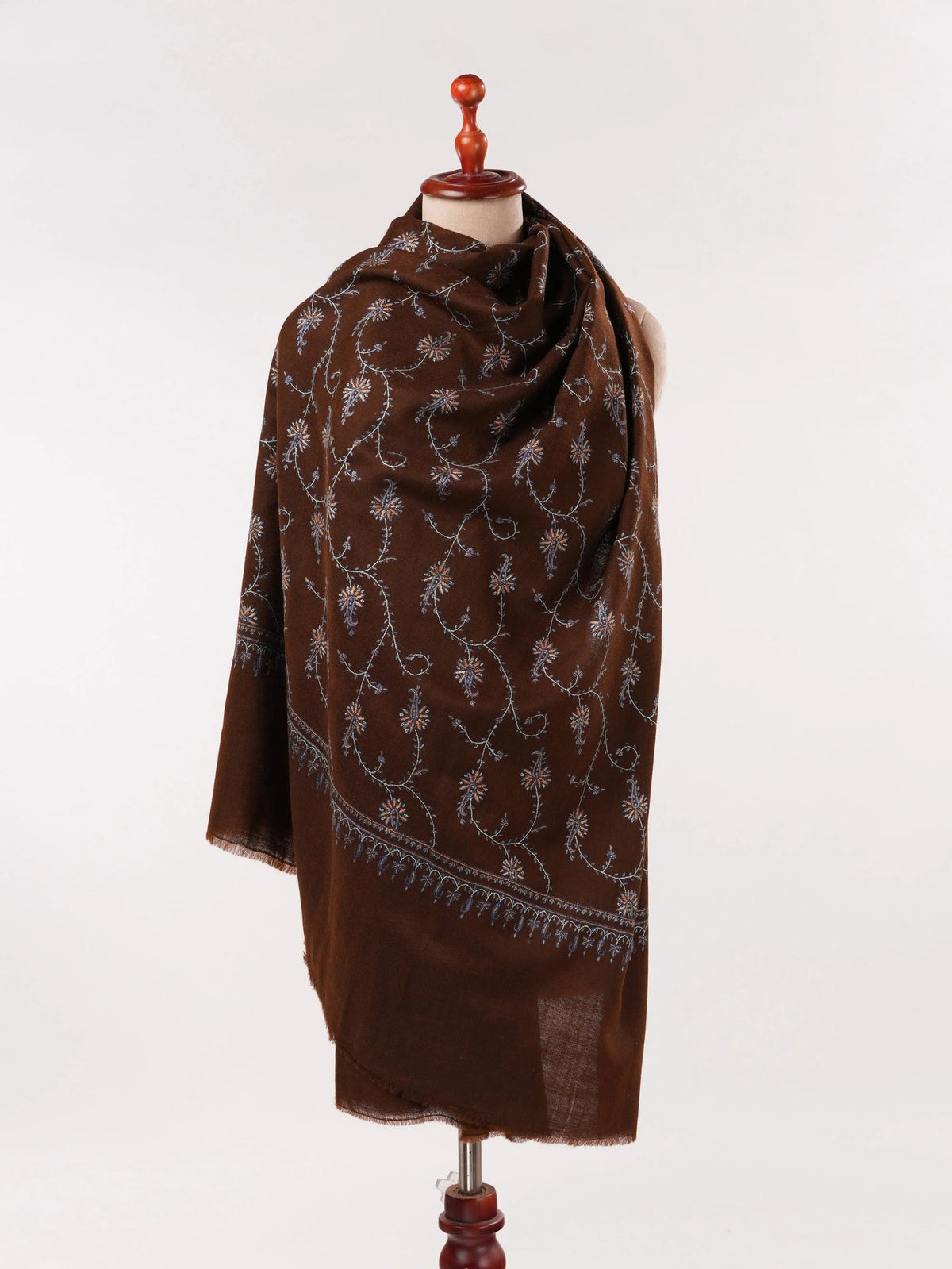 Chocolate Brown Shawl in Handwoven Soft Pashmina with Hand Sozni Jali Embroidery Shahkaar.com