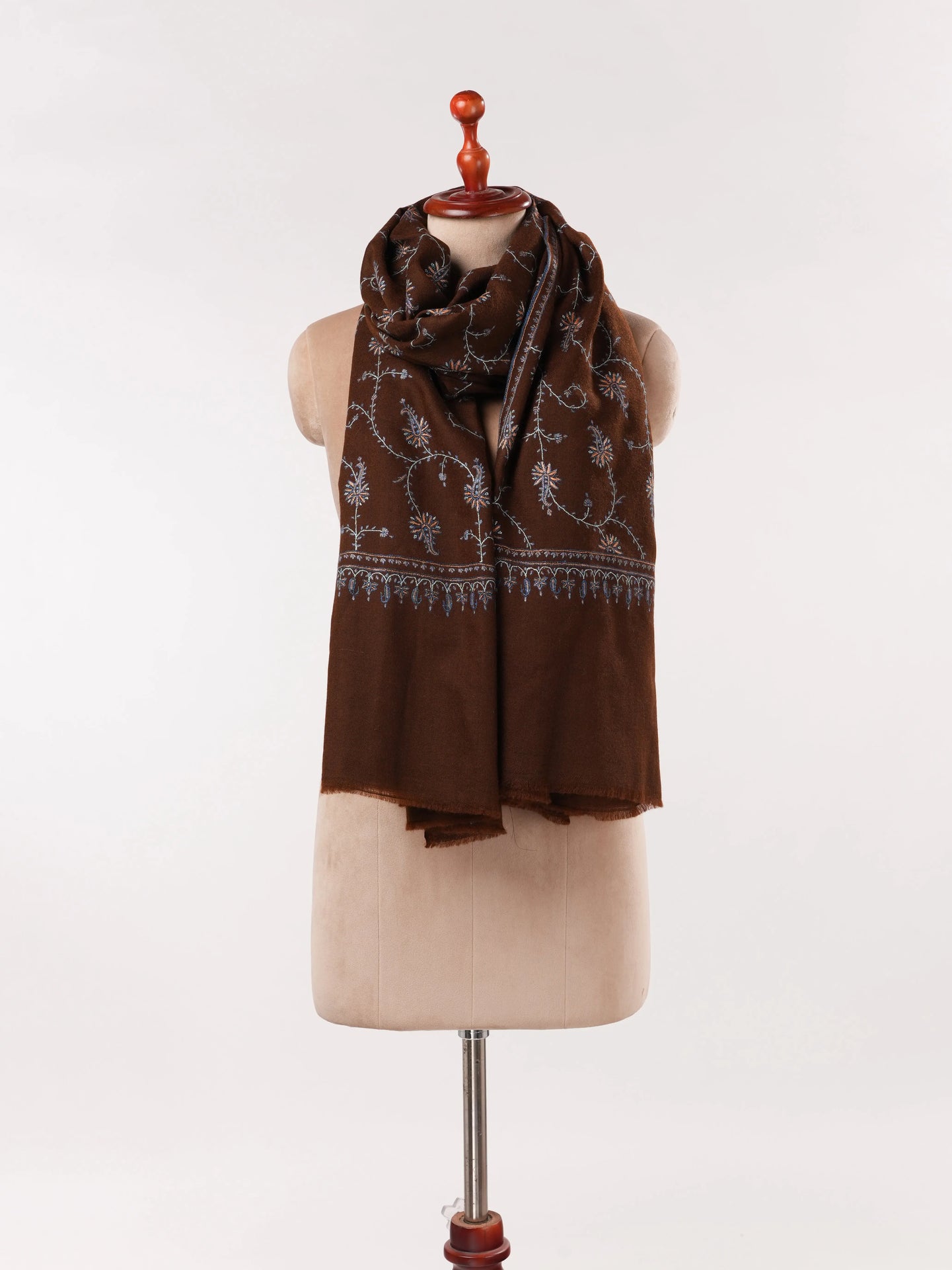 Chocolate Brown Shawl in Handwoven Soft Pashmina with Hand Sozni Jali Embroidery Shahkaar.com