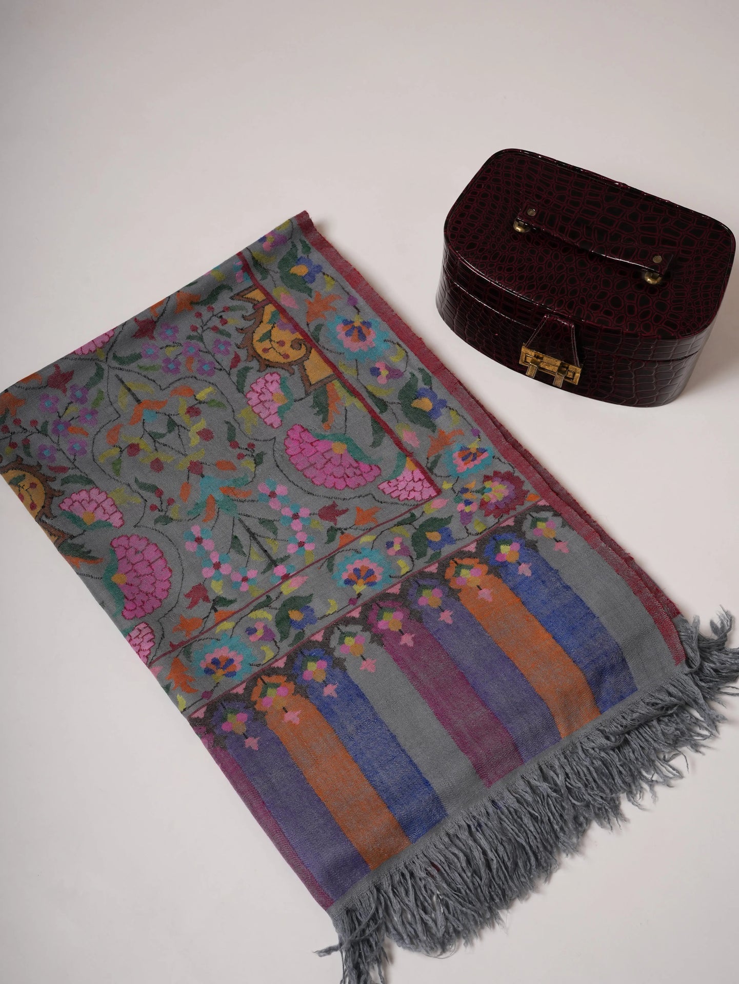 Steel Grey Handloomed Soft Kani Pashmina Shawl with Floral Motifs Shahkaar