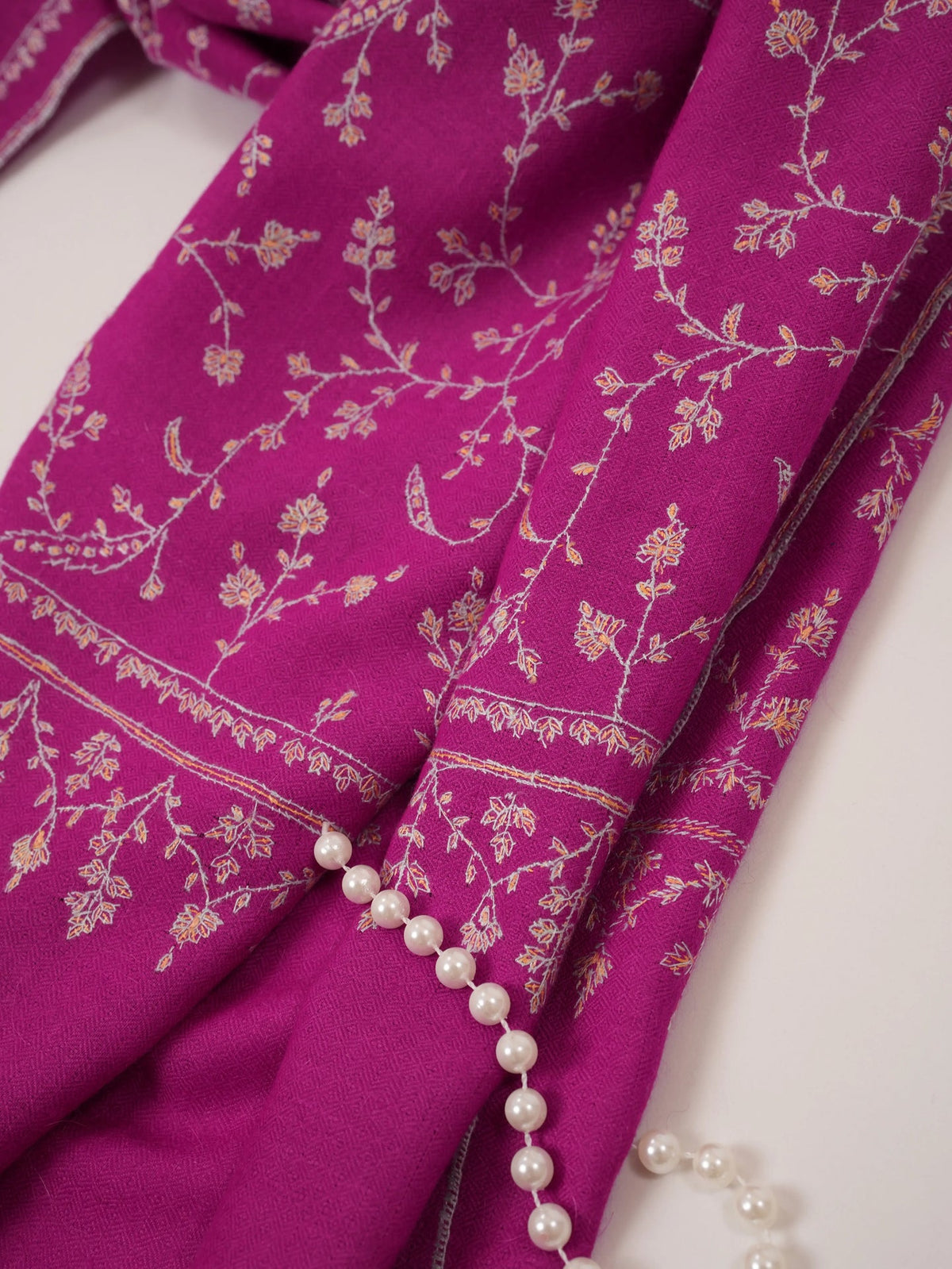 Handmade Rani Pink Cashmere Scarf with Jali Sozni Embroidery Shahkaar.com