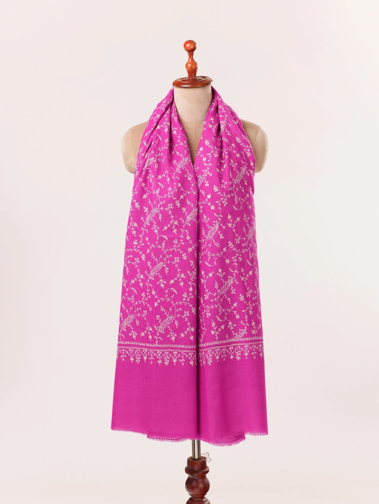 Handmade Rani Pink Cashmere Scarf with Jali Sozni Embroidery Shahkaar.com