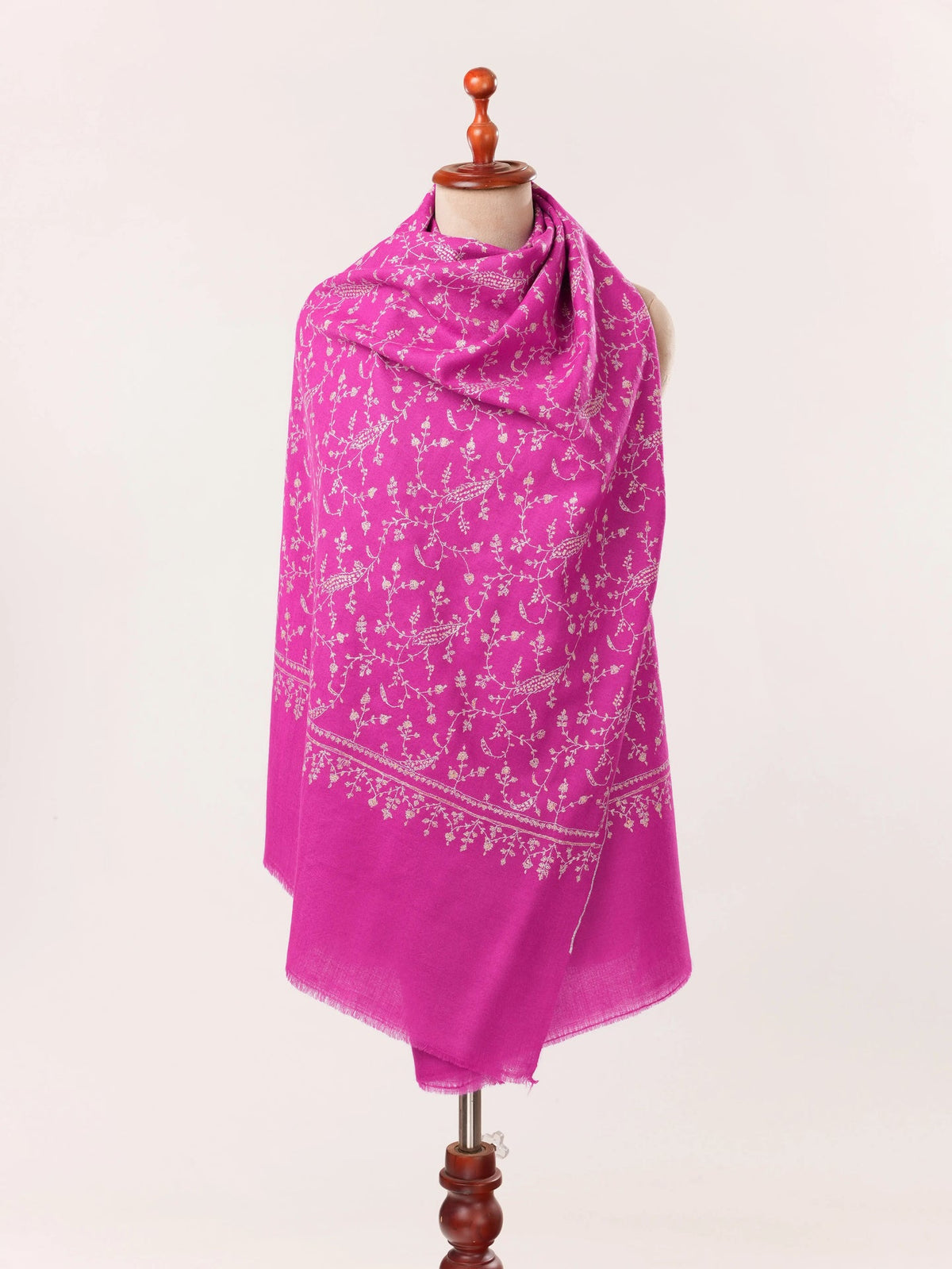 Handmade Rani Pink Cashmere Scarf with Jali Sozni Embroidery Shahkaar.com