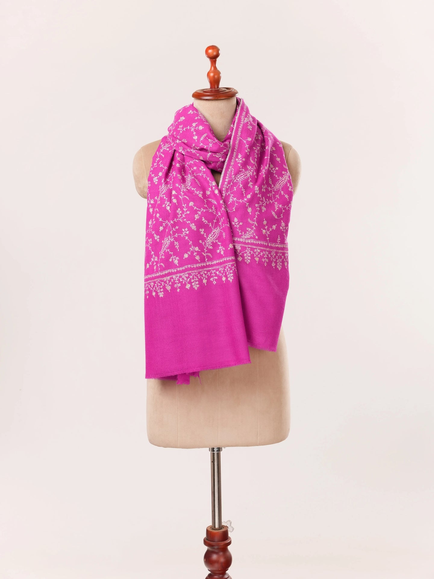 Handmade Rani Pink Cashmere Scarf with Jali Sozni Embroidery Shahkaar.com