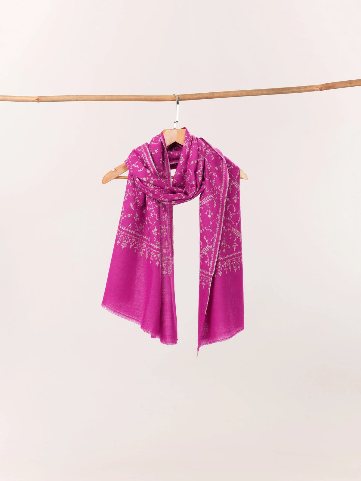 Handmade Rani Pink Cashmere Scarf with Jali Sozni Embroidery Shahkaar.com