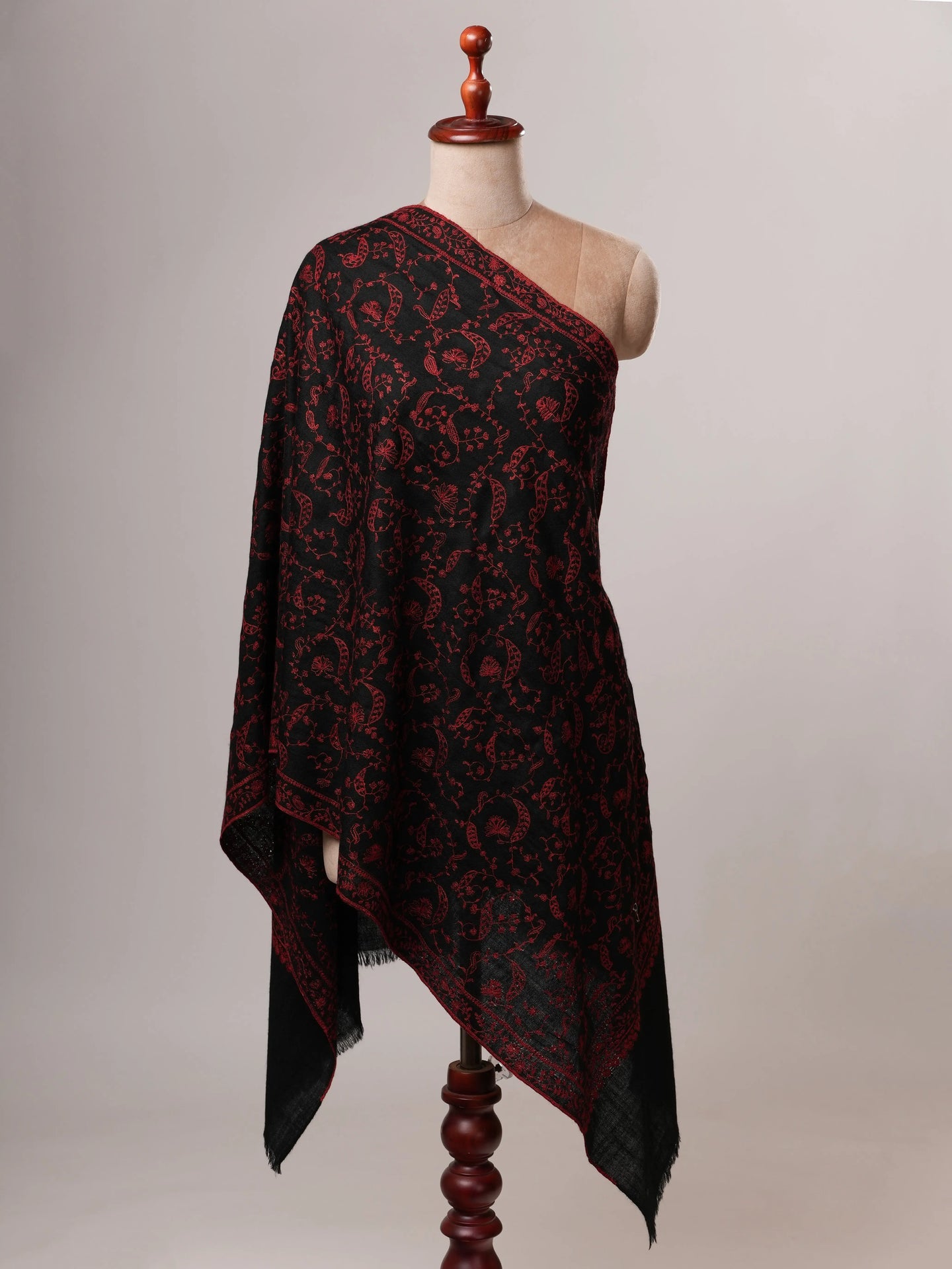 Black Baby Soft Cashmere Scarf with Red All Over Jali Embroidery Shahkaar