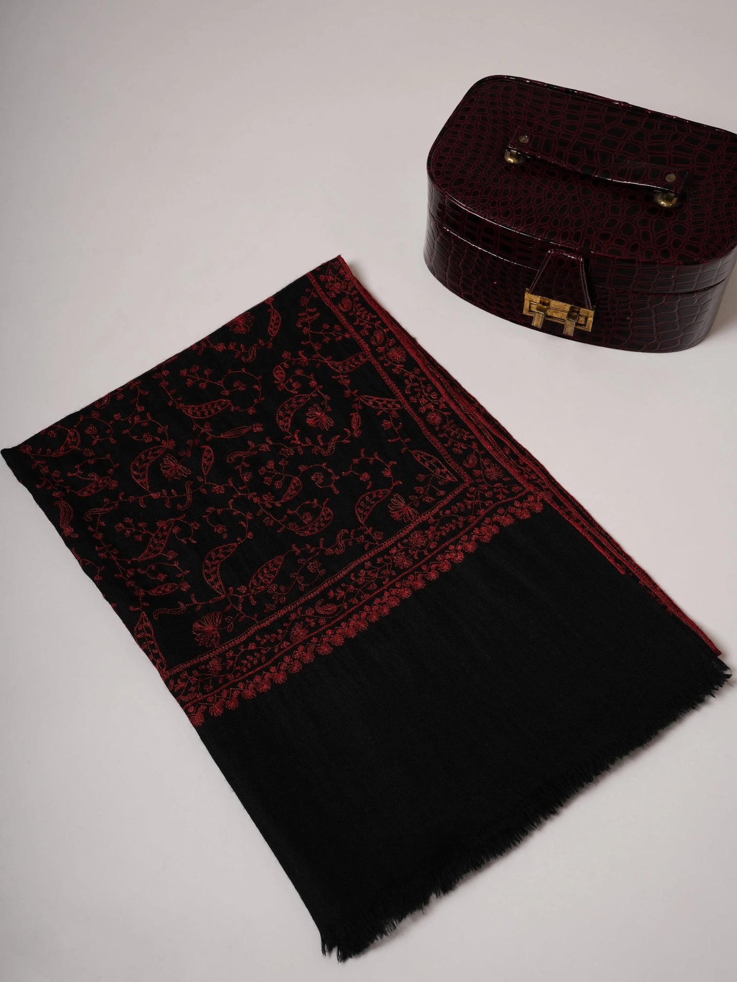 Black Baby Soft Cashmere Scarf with Red All Over Jali Embroidery Shahkaar