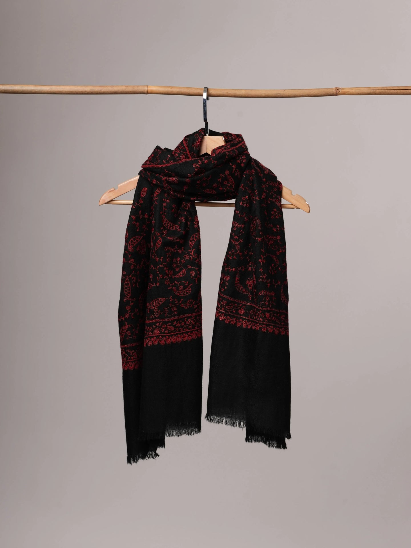 Black Baby Soft Cashmere Scarf with Red All Over Jali Embroidery Shahkaar