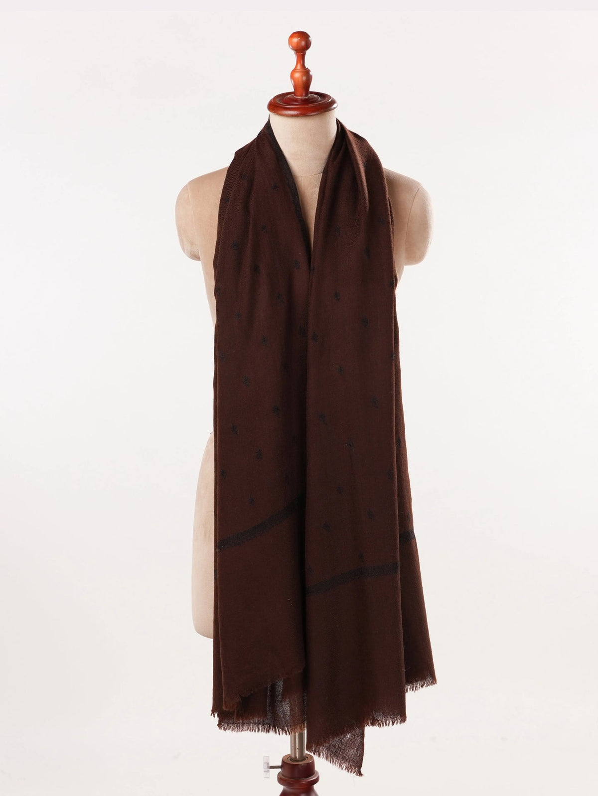 Dark Brown Pure Handwoven Pashmina Shawl with Black Buteh Embroidery
