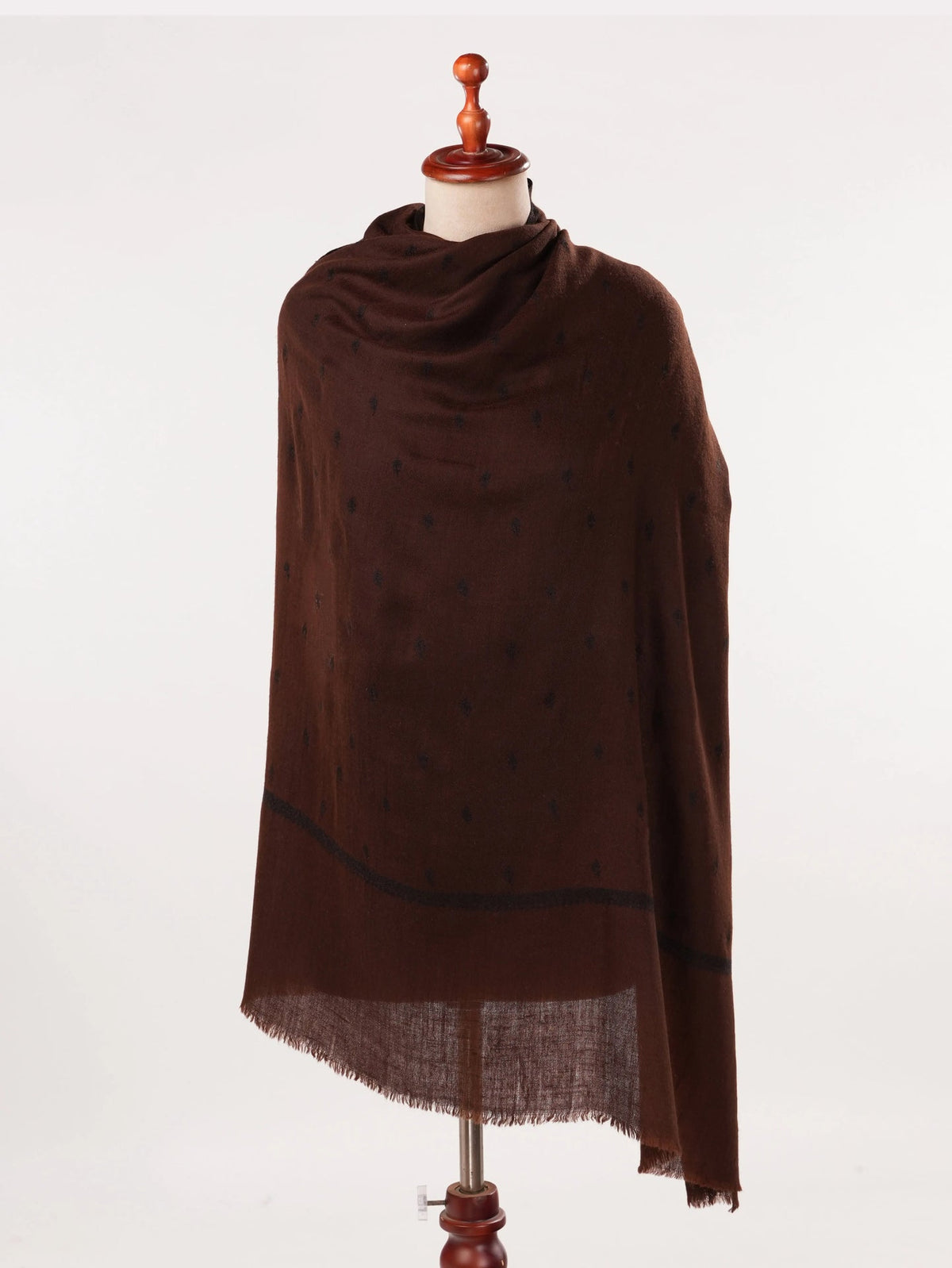 Dark Brown Pure Handwoven Pashmina Shawl with Black Buteh Embroidery
