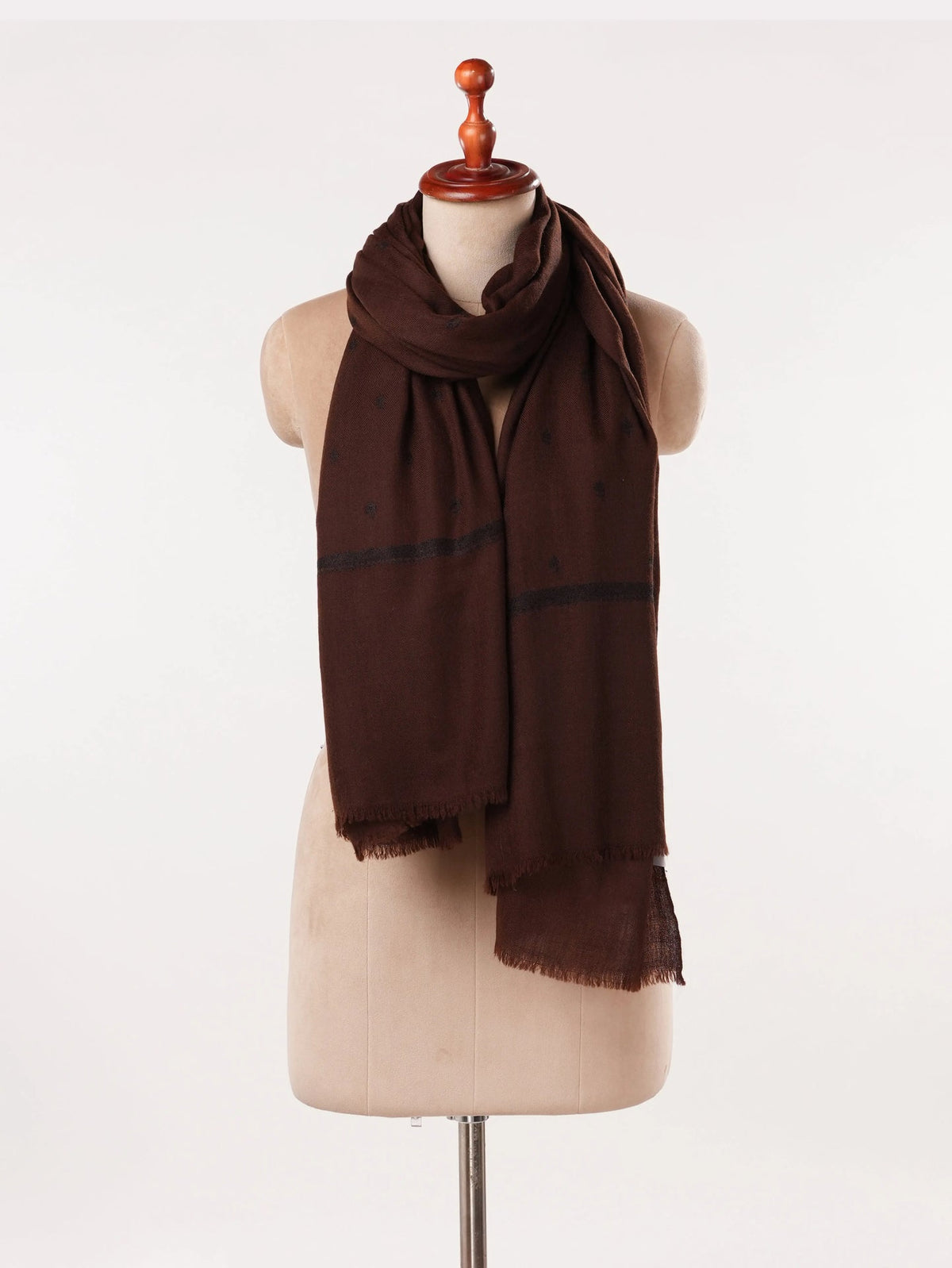 Dark Brown Pure Handwoven Pashmina Shawl with Black Buteh Embroidery
