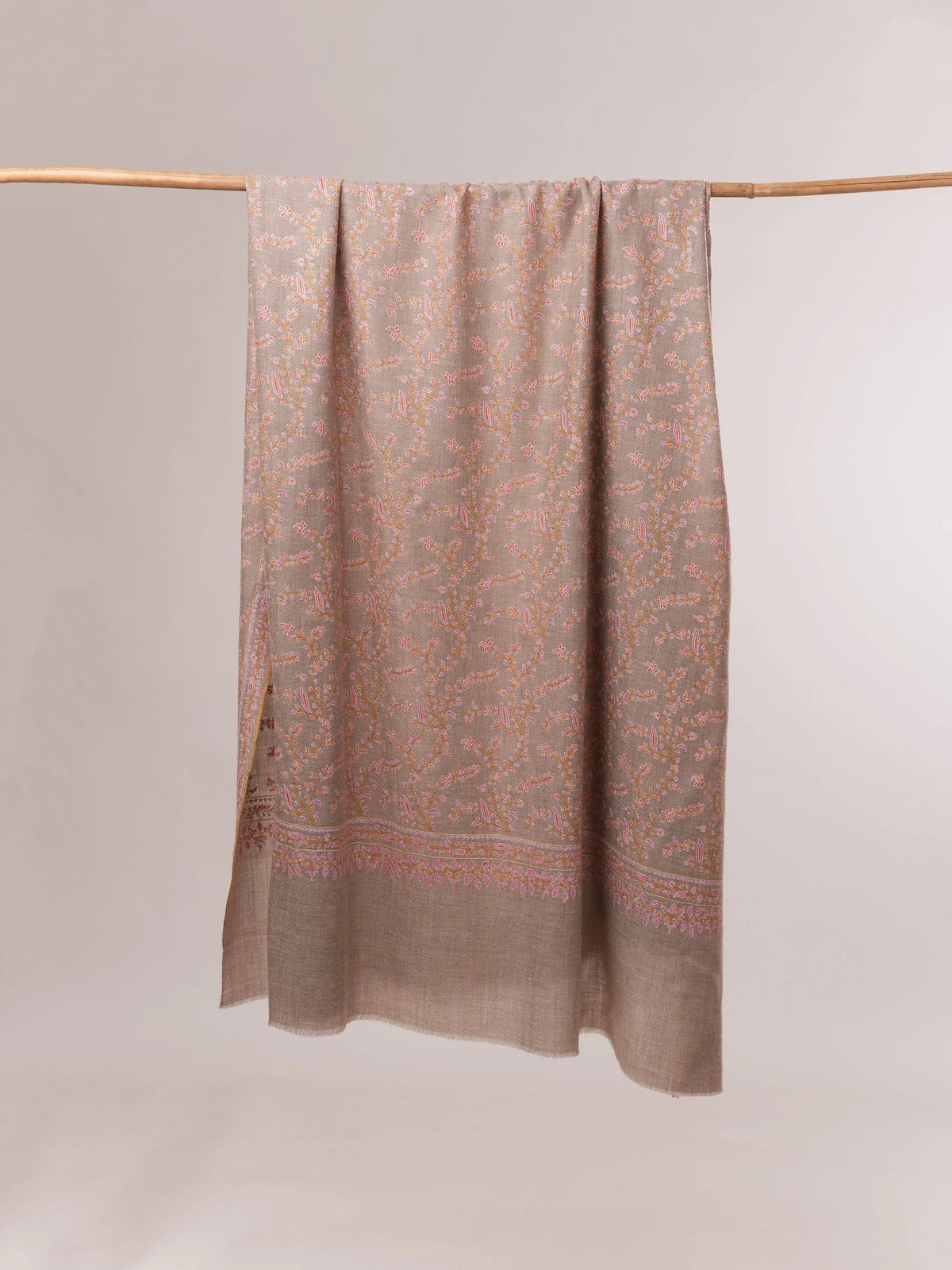 Natural Grey Jali Hand Embroidered Pashmina Shawl Shahkaar.com