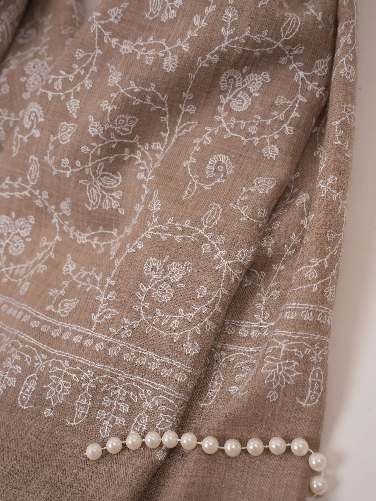 Kashmiri Natural Taupe Handwoven Shawl with Hand White Sozni hand Work in Jali Shahkaar.com