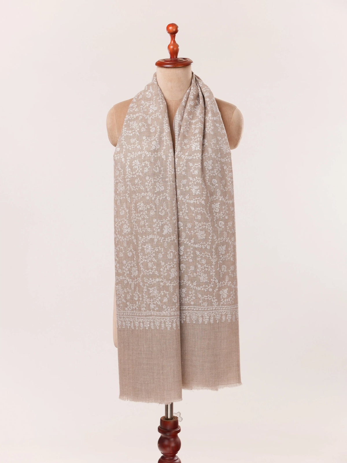 Kashmiri Natural Taupe Handwoven Shawl with Hand White Sozni hand Work in Jali Shahkaar.com