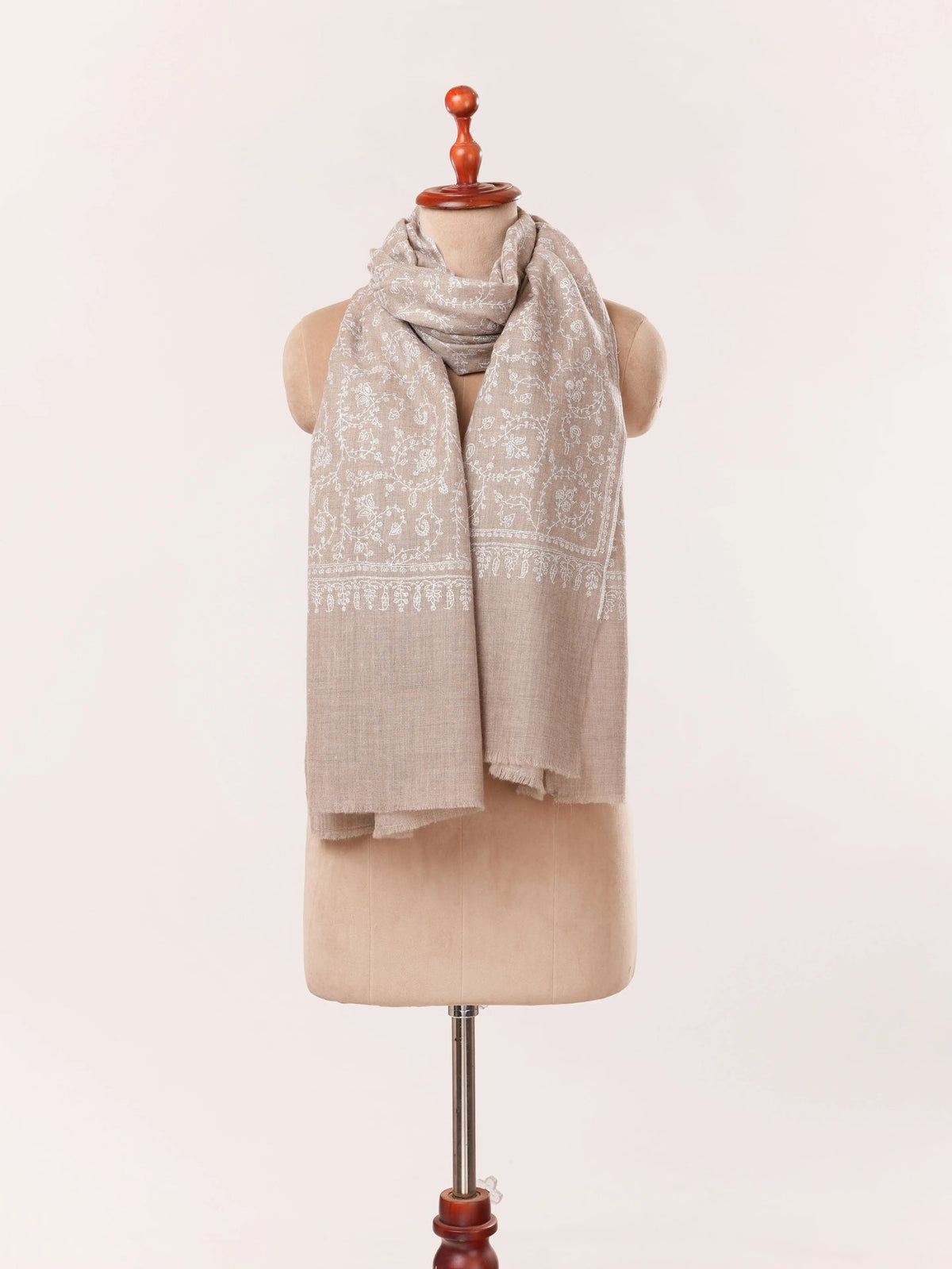 Kashmiri Natural Taupe Handwoven Shawl with Hand White Sozni hand Work in Jali Shahkaar.com