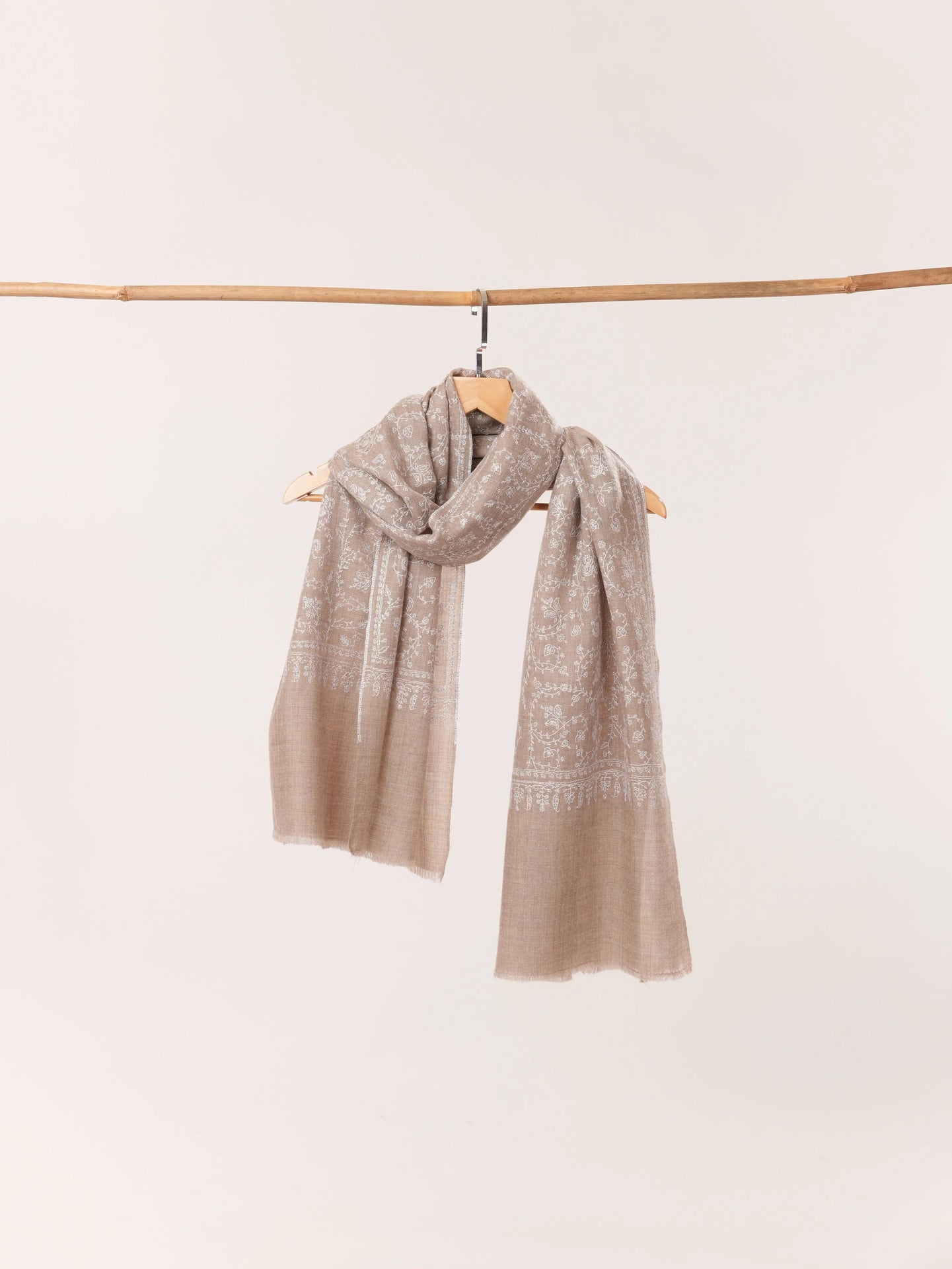 Kashmiri Natural Taupe Handwoven Shawl with Hand White Sozni hand Work in Jali Shahkaar.com
