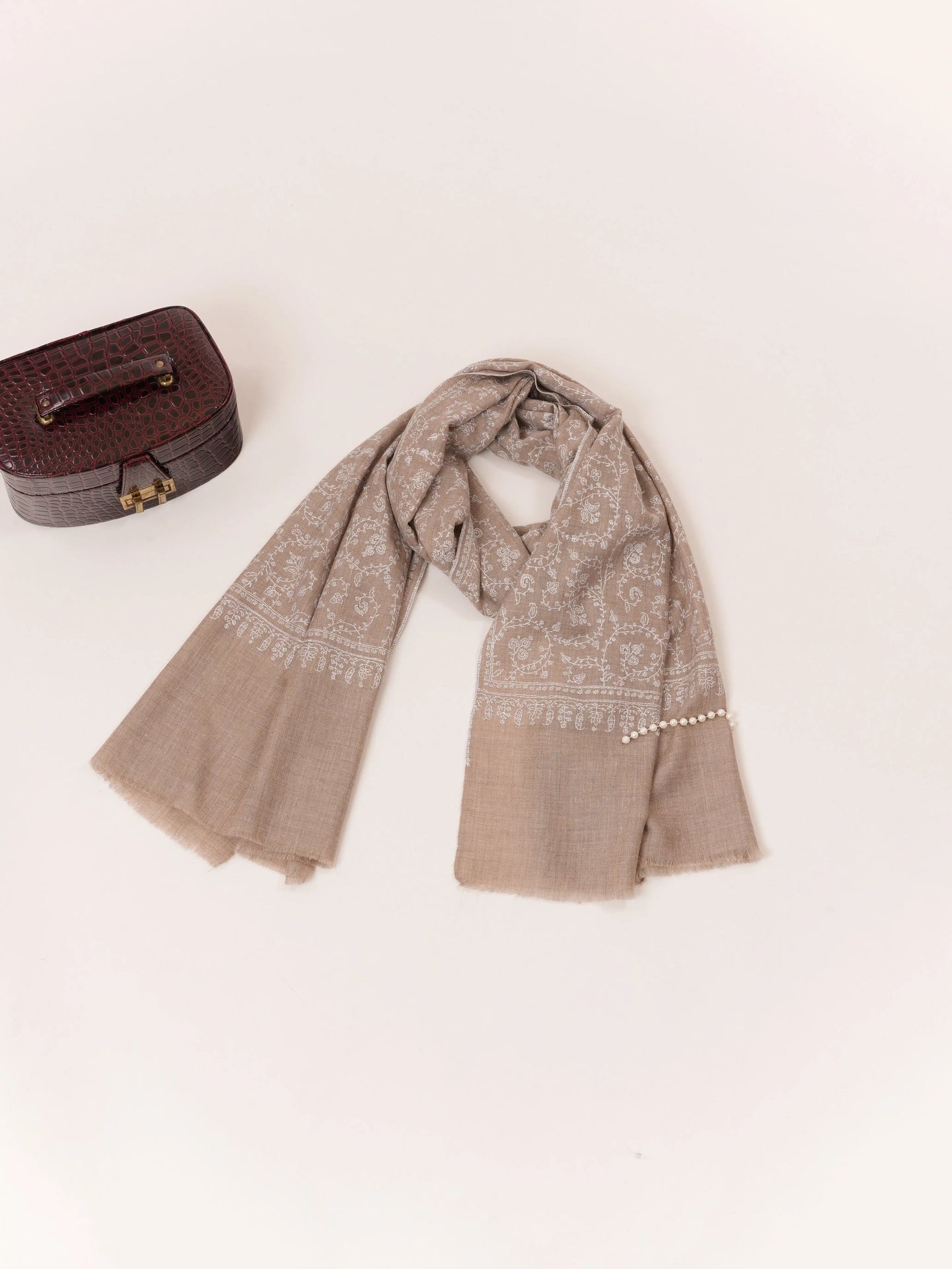 Kashmiri Natural Taupe Handwoven Shawl with Hand White Sozni hand Work in Jali Shahkaar.com