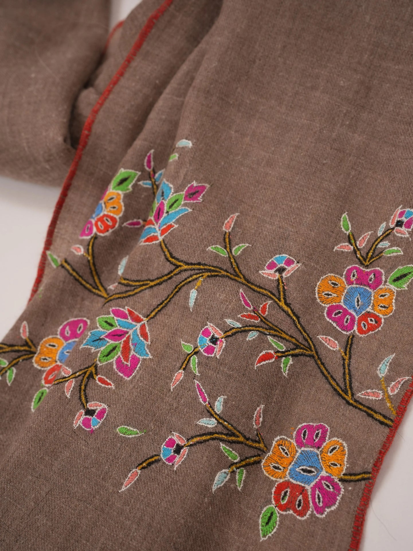 Floral Palldar Natural Dark Taupe Handwoven Cashmere Scarf with Sozni Embroidery Shahkaar.com